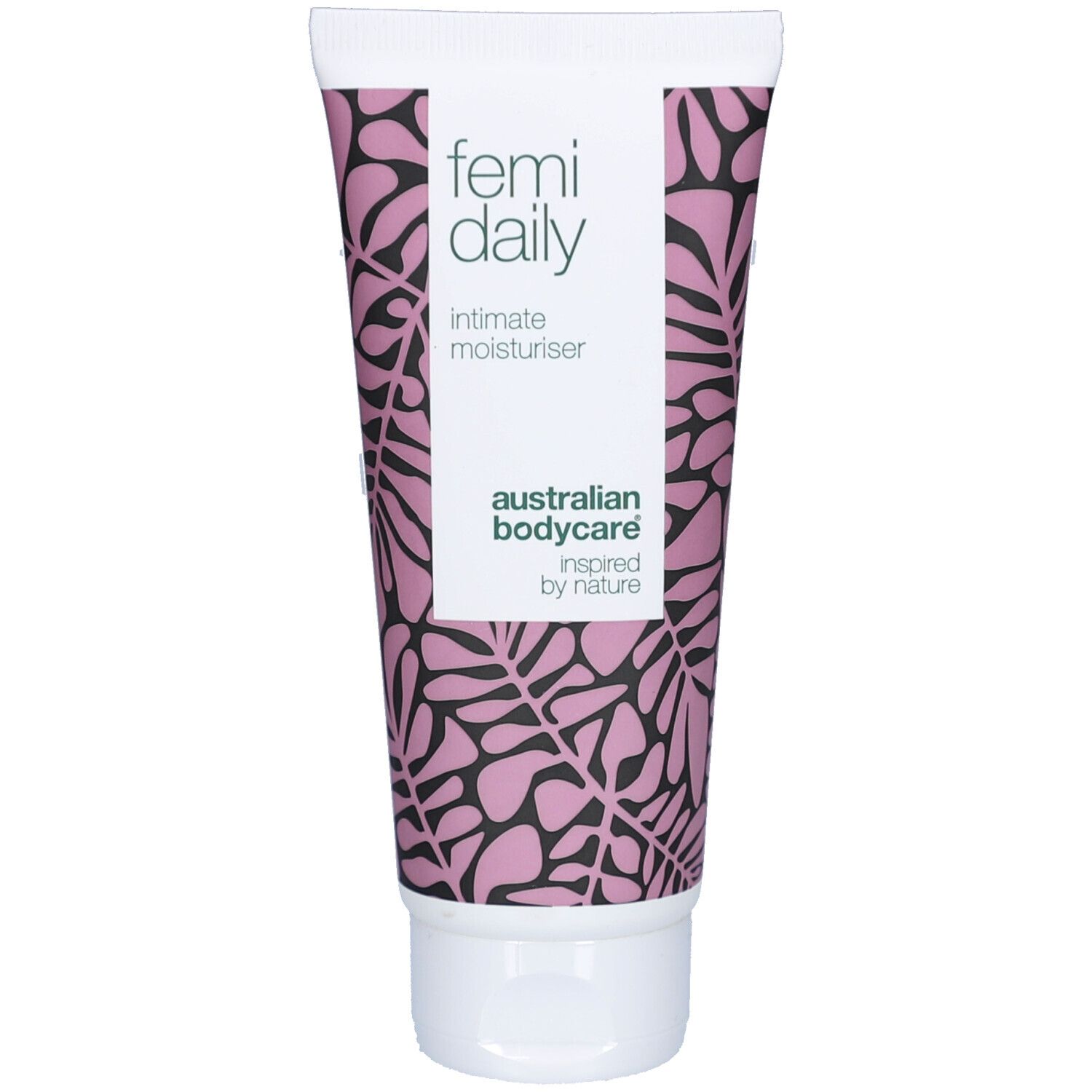Tube de Femi Daily Intimate Moisturiser. Bouchon blanc, motif violet. Texte: Australian Bodycare.