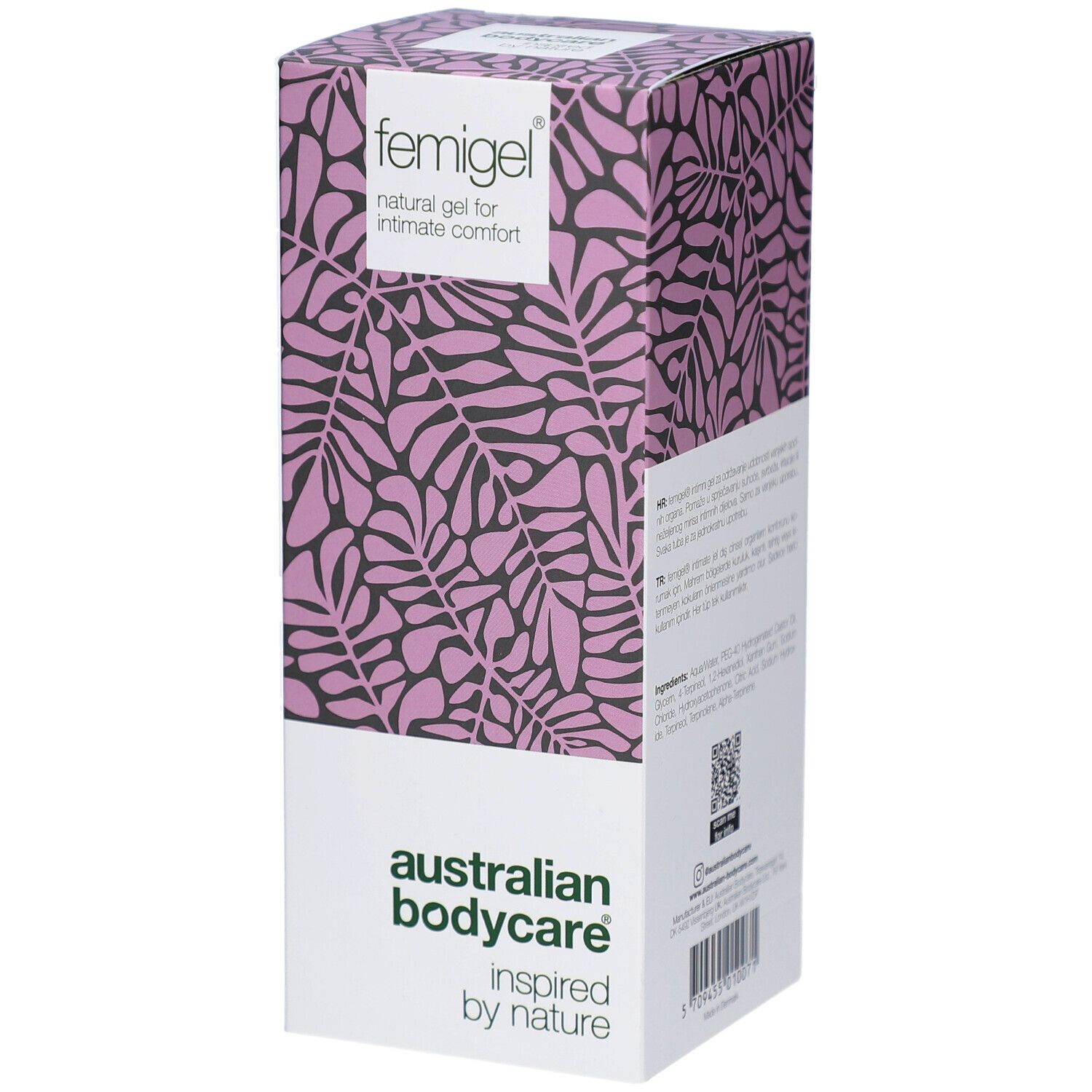 Verpackung für Femigel, ein natürliches Gel für Intimkomfort von Australian Bodycare.