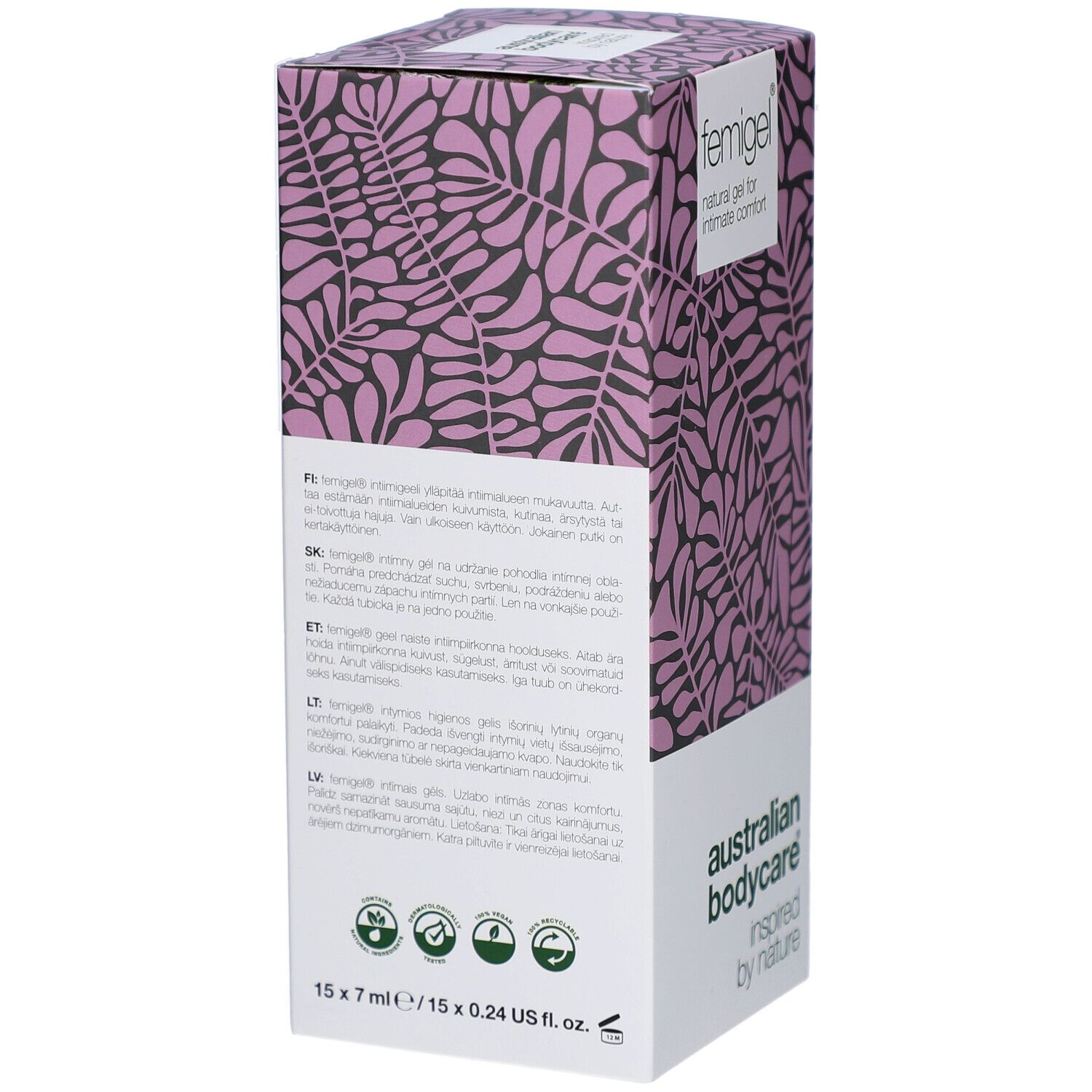 Verpackung für Femigell Intimgel mit Blattmuster und Text.