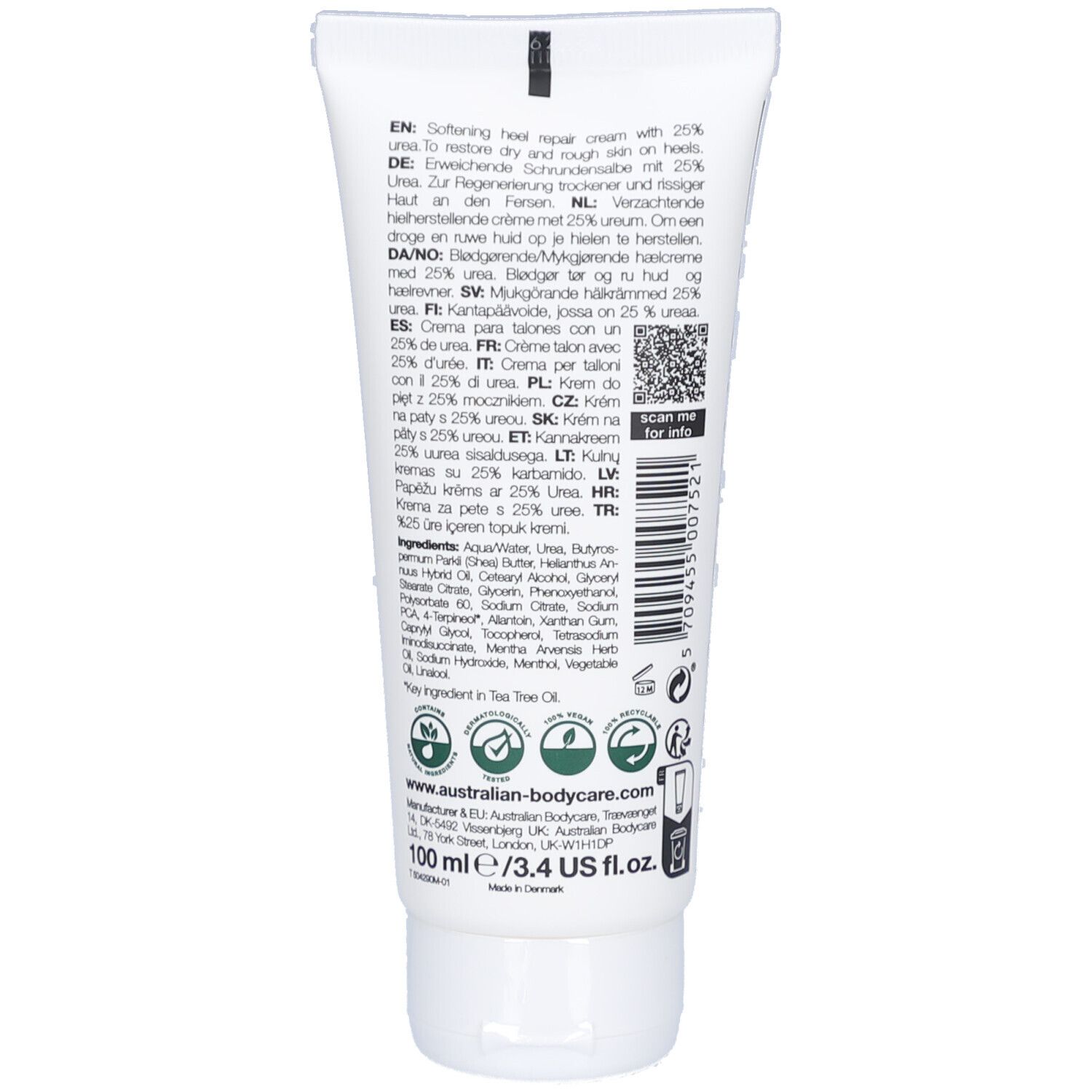 Weiße Tube mit Fußpflegecreme, 25% Urea.
