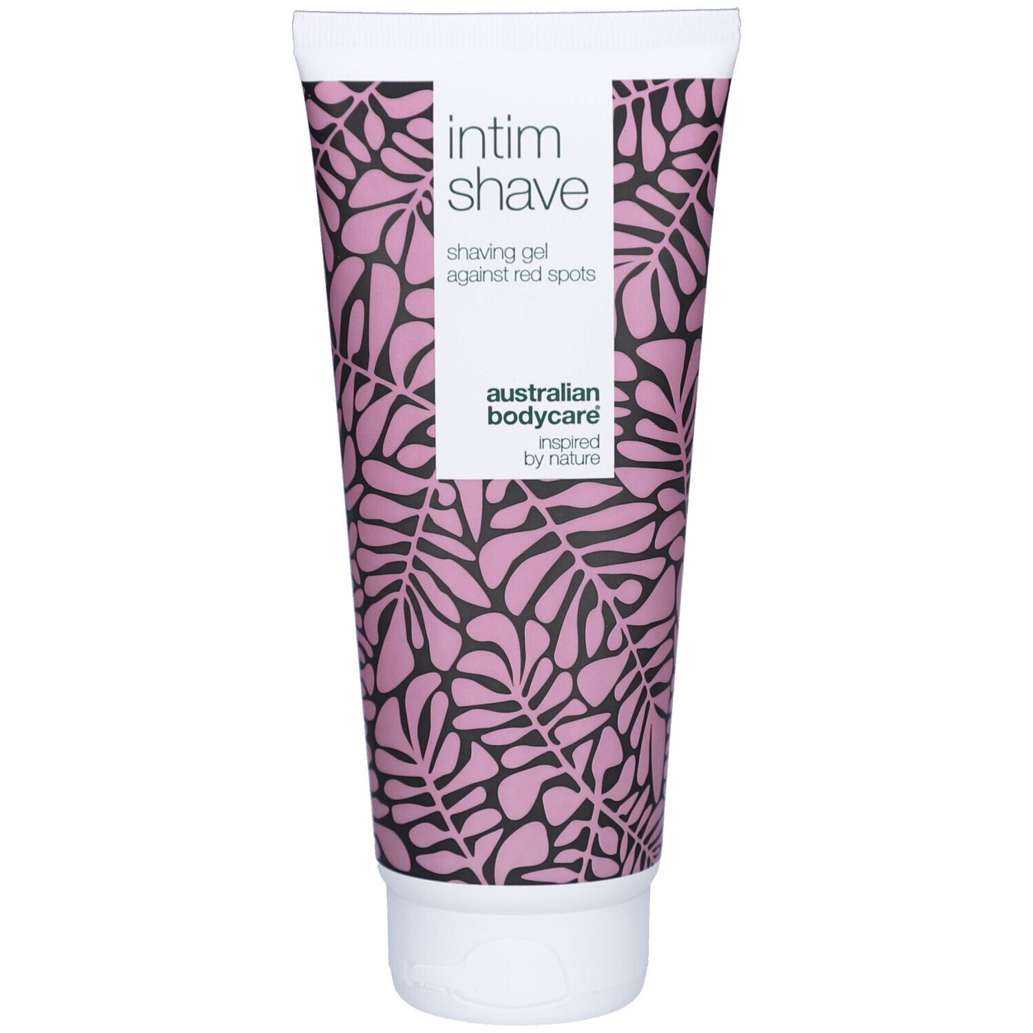 Tube blanc avec motif rose et noir. Texte: Intim shave, gel à raser contre les rougeurs. Marque: Australian Bodycare.
