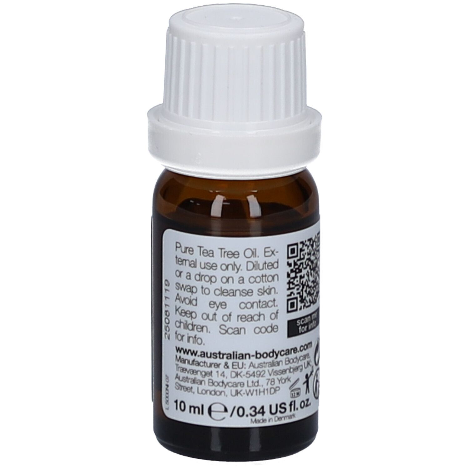 Flacon en verre brun avec bouchon blanc. Étiquette avec texte et code QR. 10 ml / 0.34 US fl.oz.