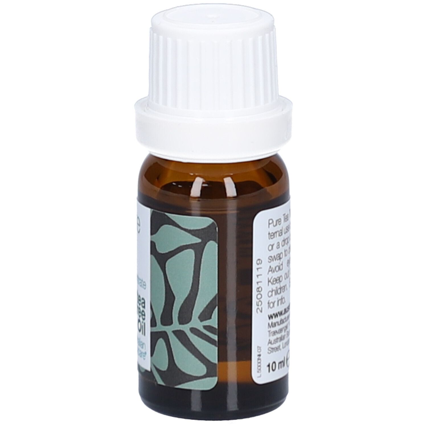 Flacon en verre brun avec bouchon blanc. Étiquette avec texte: tea tree oil, 10 ml.