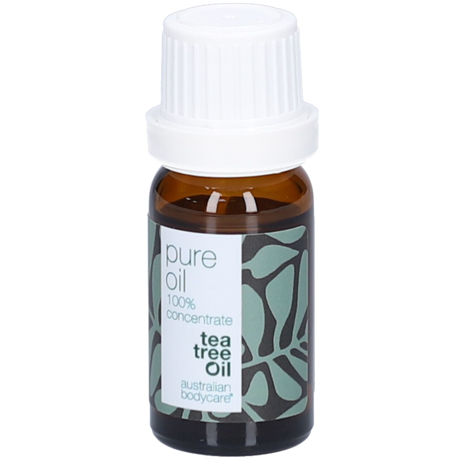 Flacon en verre brun avec bouchon blanc. Étiquette avec texte: pure oil, 100% concentrate, tea tree oil, australian bodycare.