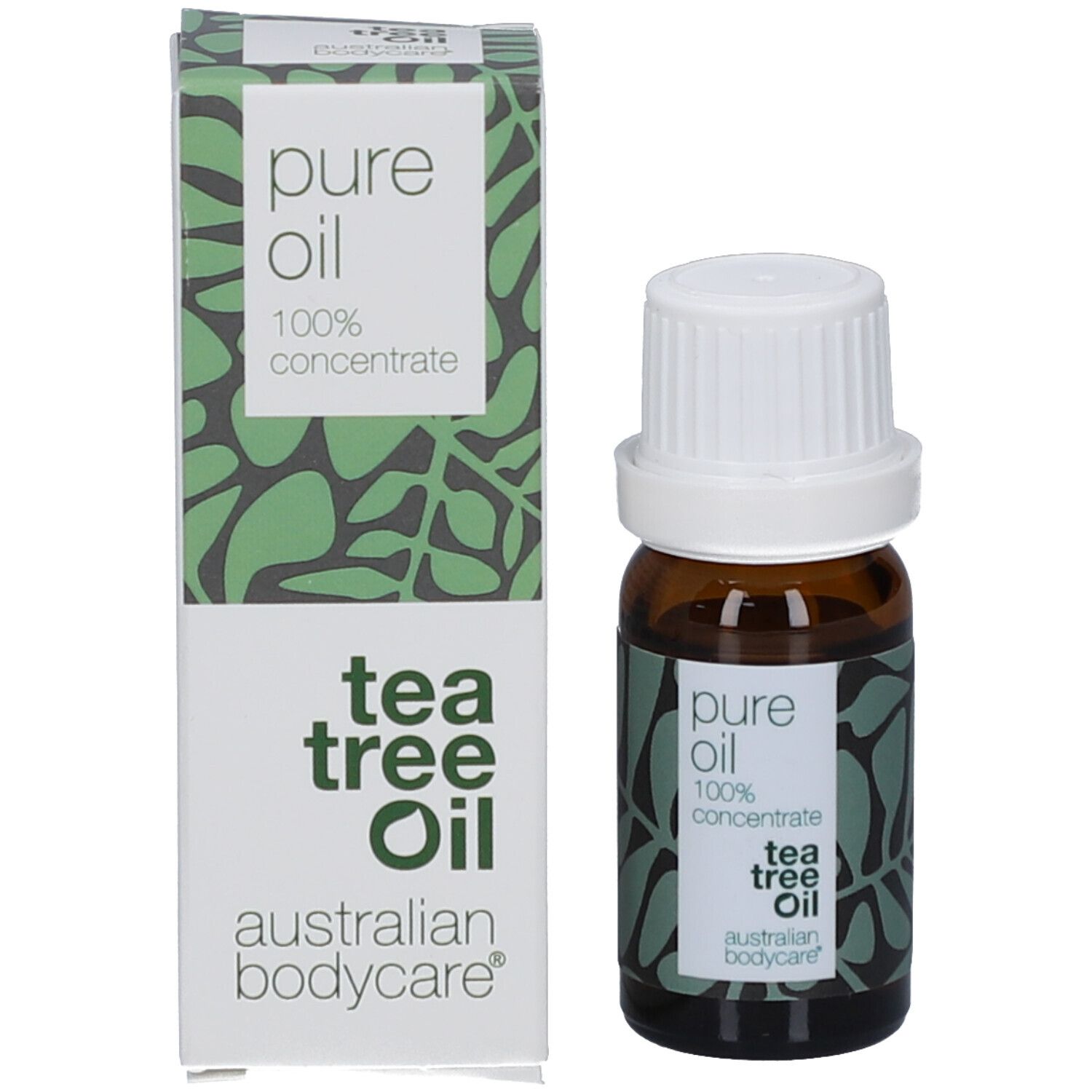 Flacon en verre brun et boîte. Sur le flacon: pure oil, 100% concentrate, tea tree oil. Sur la boîte: australian bodycare.