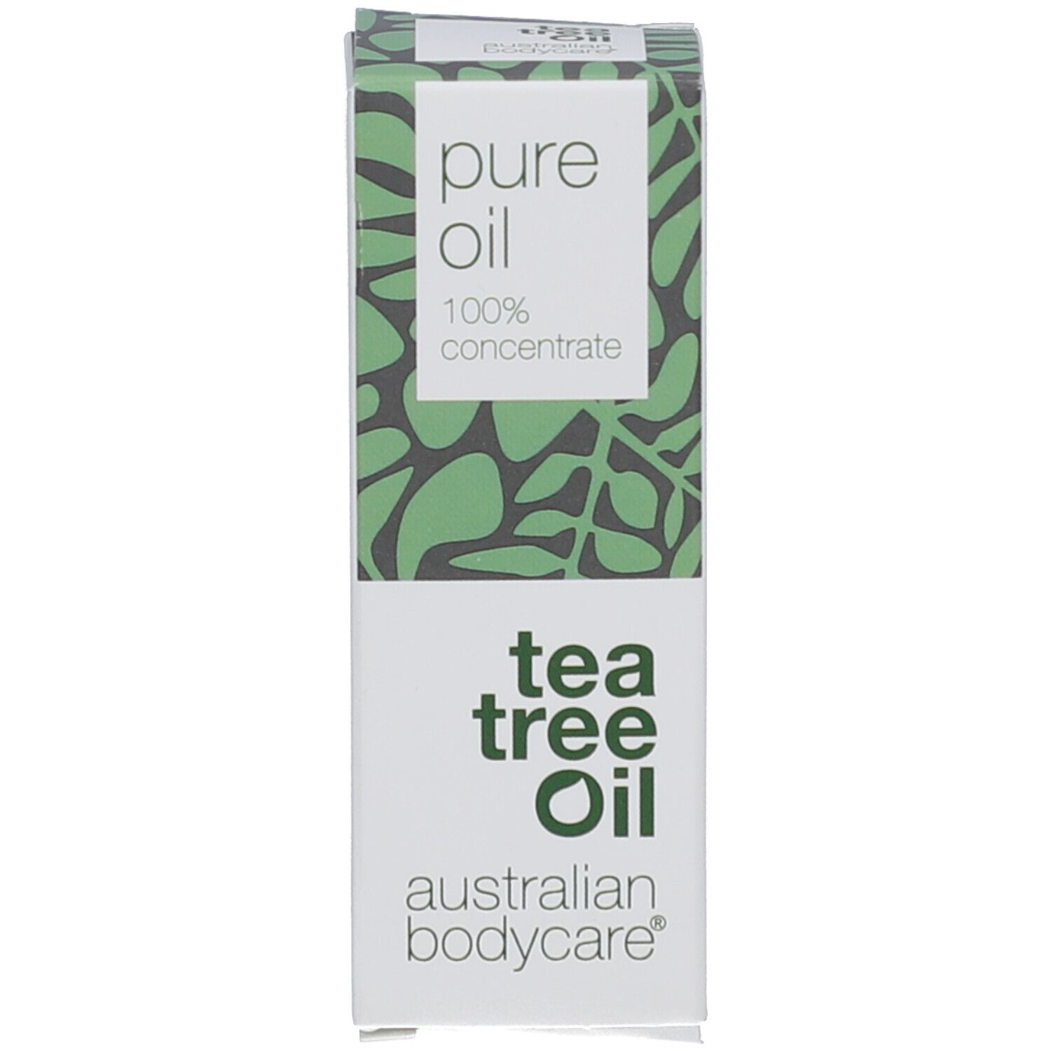 Boîte avec texte: pure oil, 100% concentrate, tea tree oil, australian bodycare.