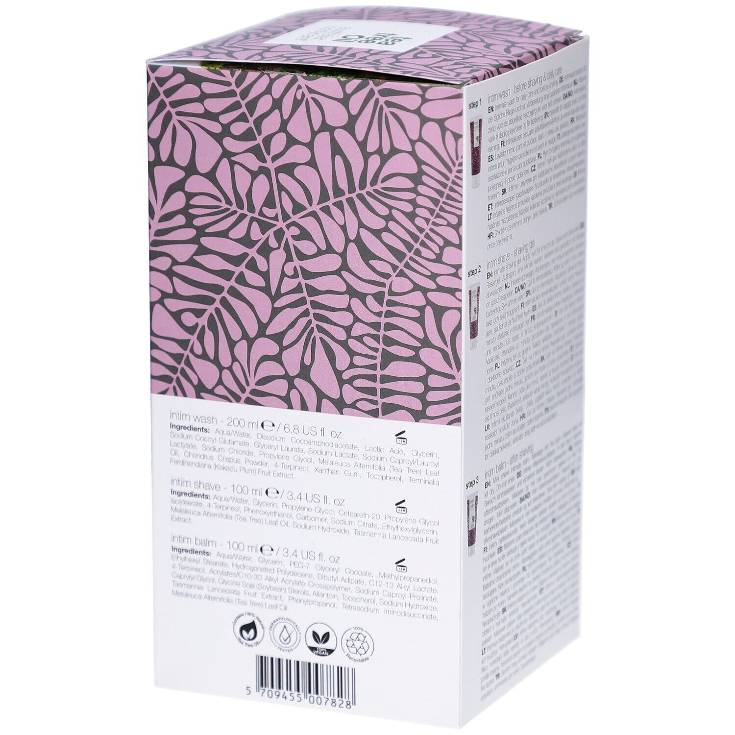 Verpackung für Intimpflege-Set mit Waschlotion (200ml), Rasiercreme (100ml) und Balsam (100ml). Rosa Blattmuster.