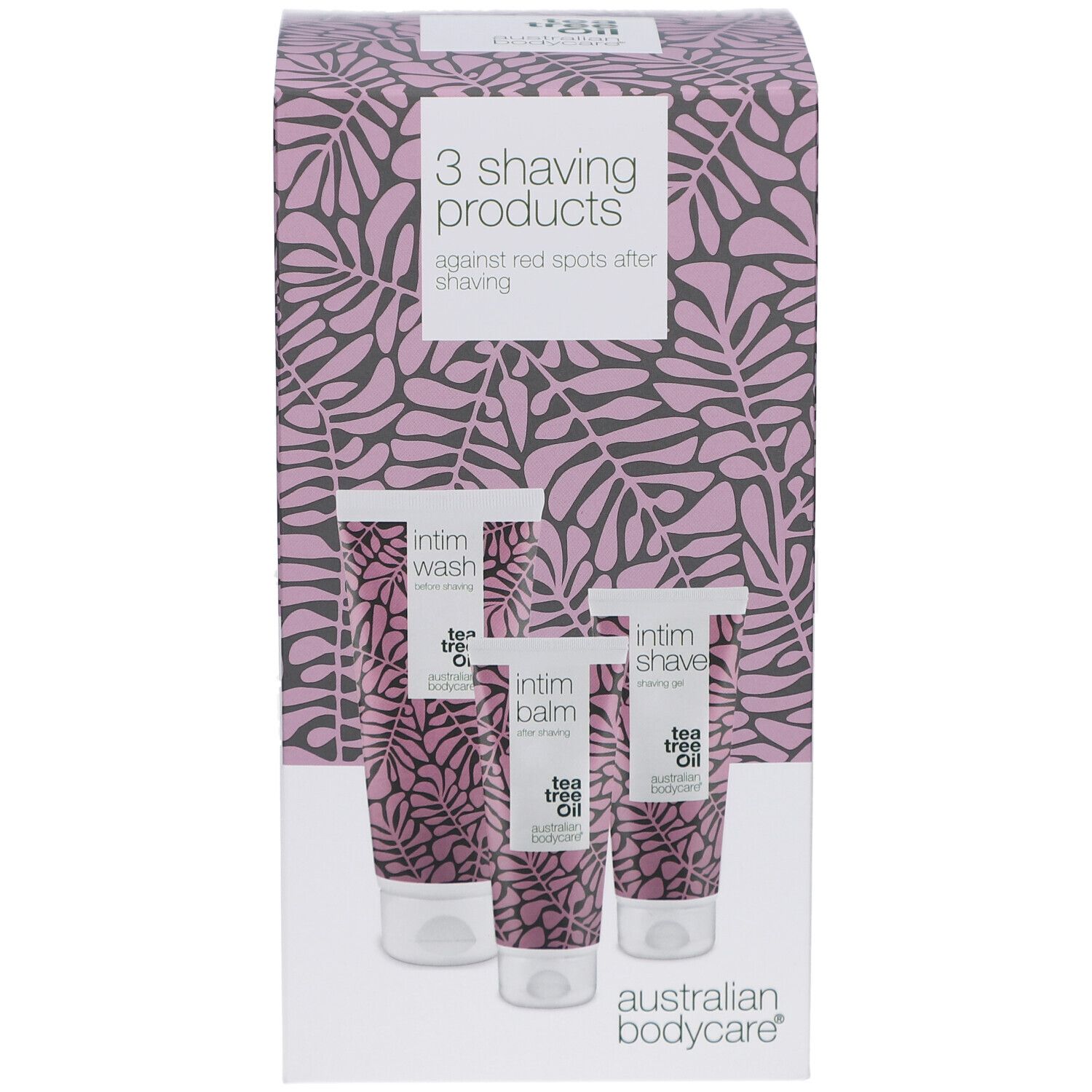 Set mit 3 Rasierprodukten: Intim Wash, Intim Balm, Intim Shave. Mit Teebaumöl. Verpackung mit Blattmuster.
