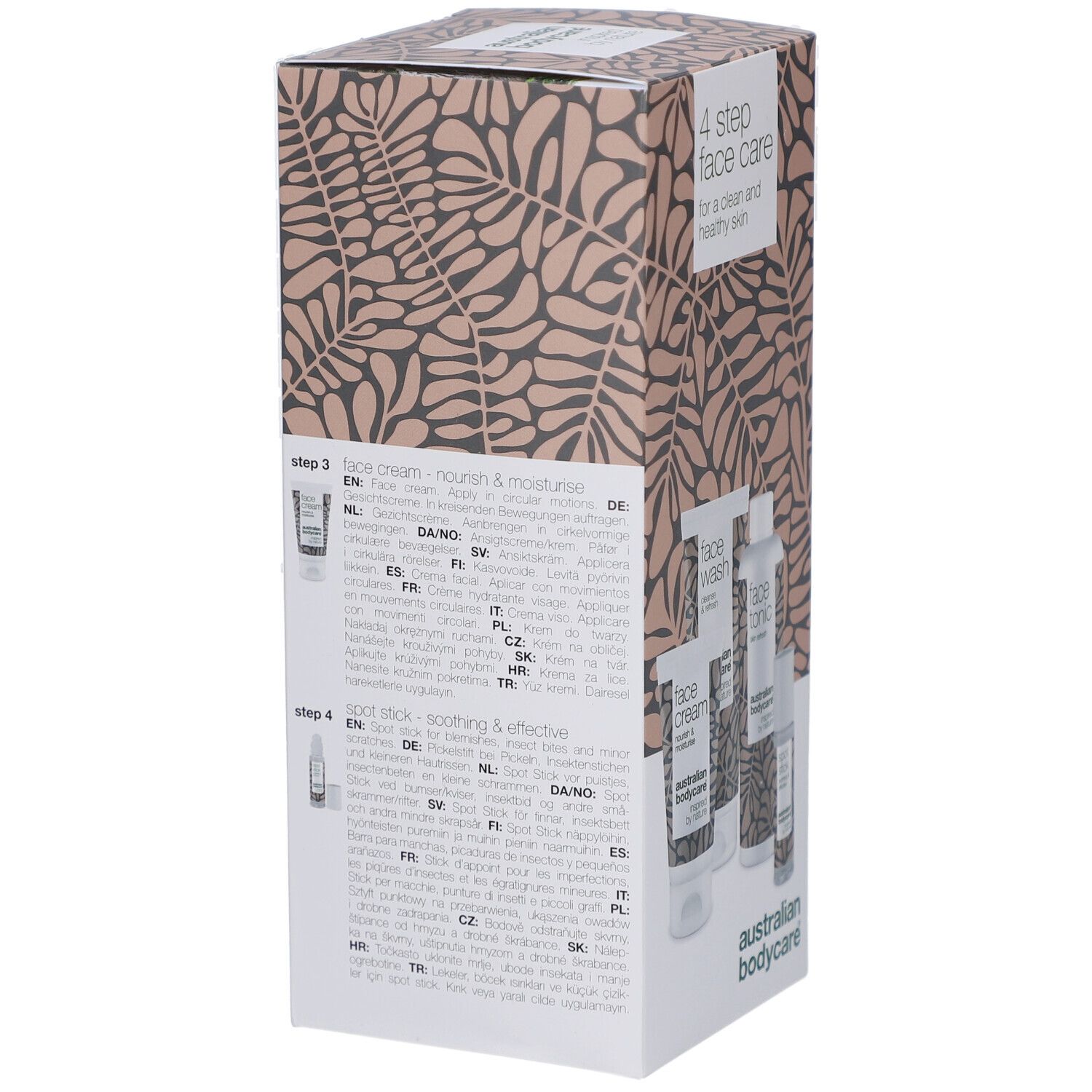 Rückseite der Verpackung. Enthält Informationen zu den Produkten und Anwendungsanweisungen in verschiedenen Sprachen.