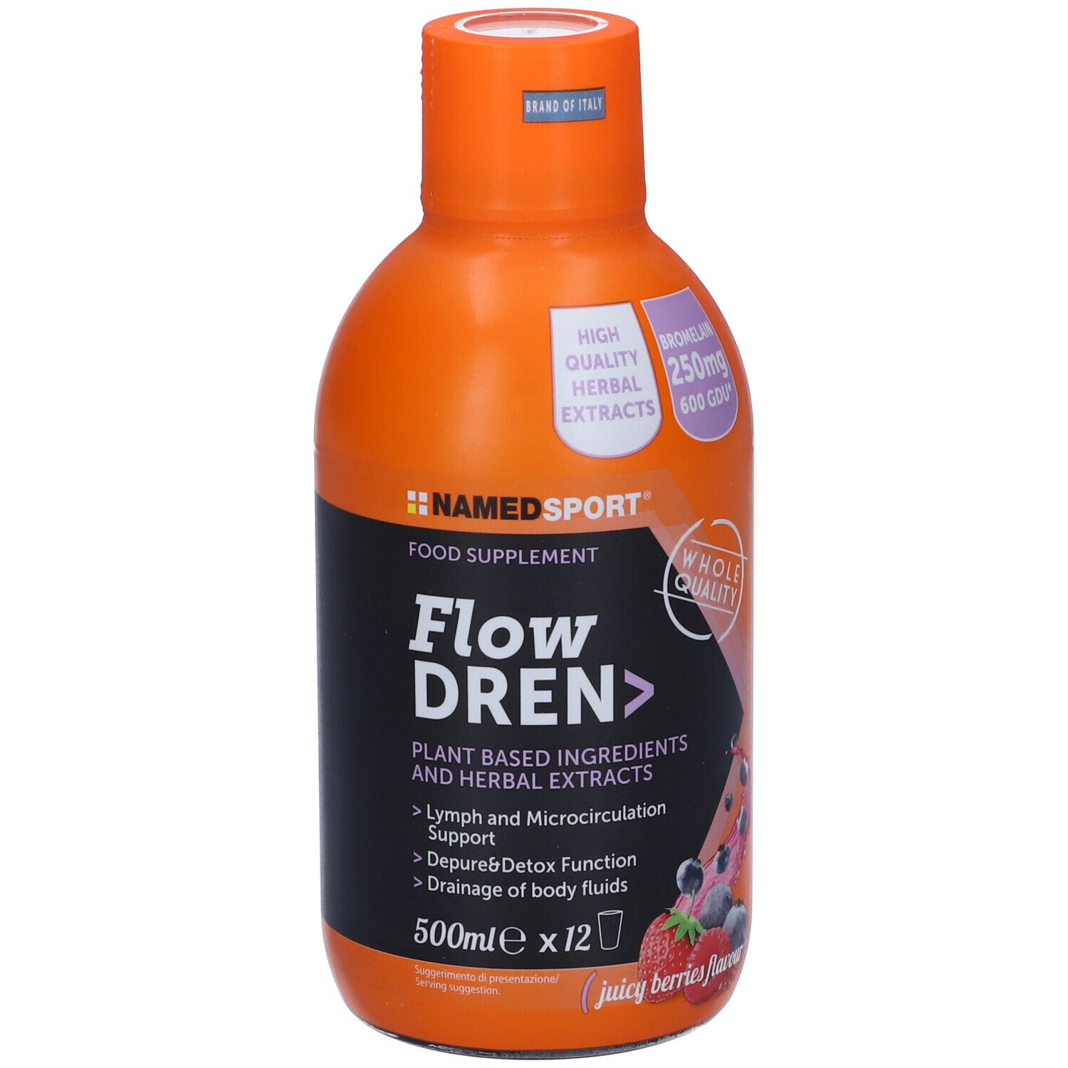 Bouteille orange NAMED SPORT Flow DREN. Étiquette avec informations et ingrédients. Saveur baies juteuses.