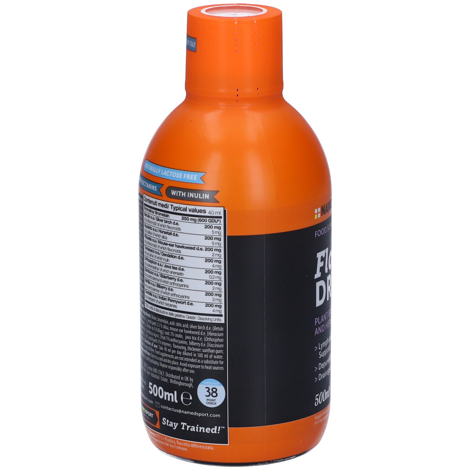 Bouteille orange NAMED SPORT Flow DREN. Dos avec informations nutritionnelles et ingrédients. Sans gluten.