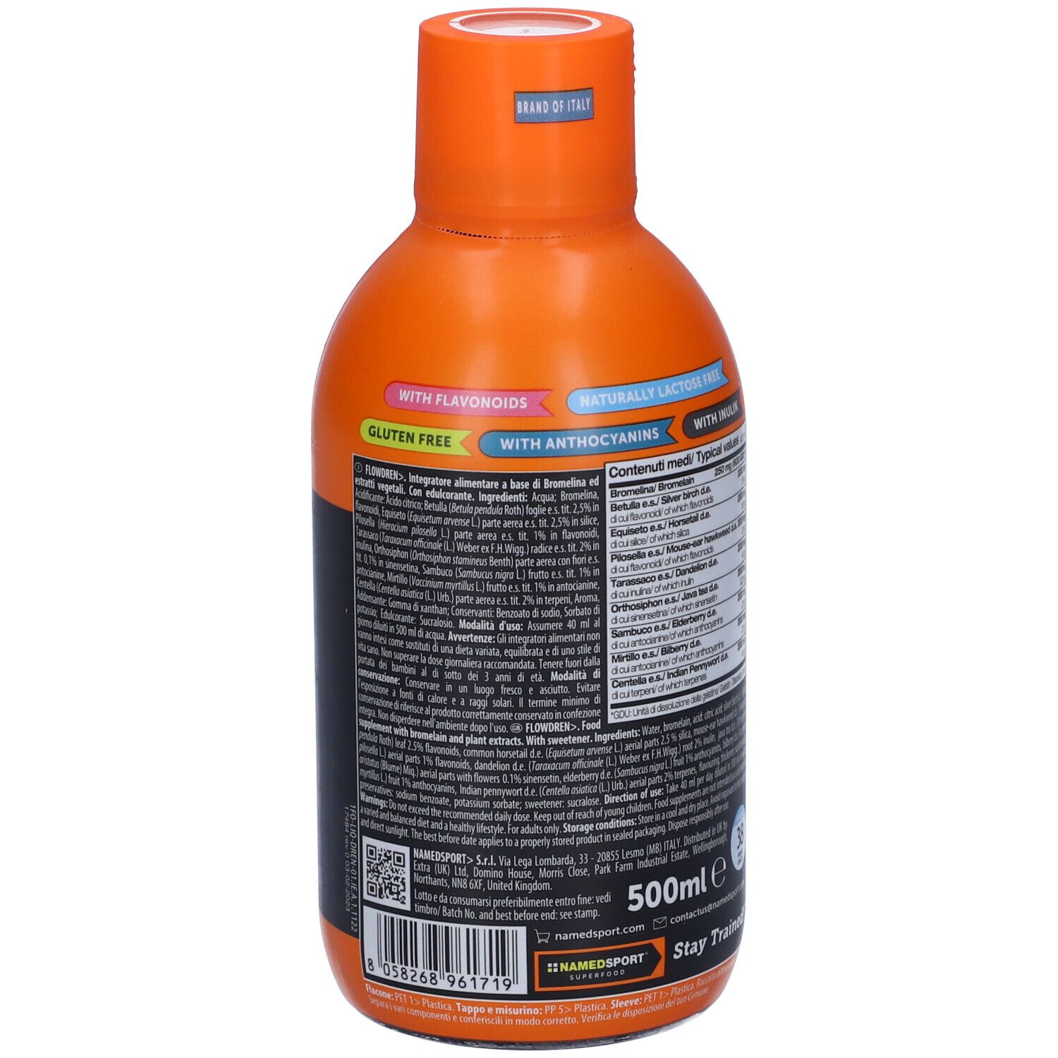Bouteille orange NAMED SPORT Flow DREN. Dos avec ingrédients et informations nutritionnelles. Sans gluten.