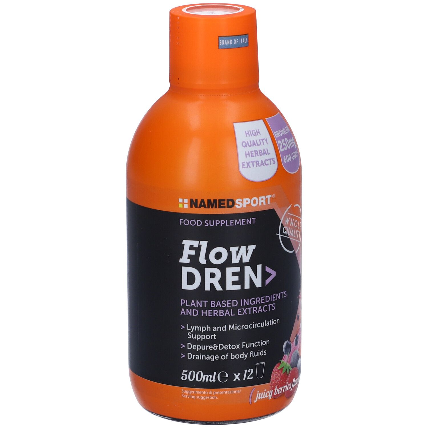Bouteille orange NAMED SPORT Flow DREN. Étiquette avec informations et ingrédients. Saveur baies juteuses.