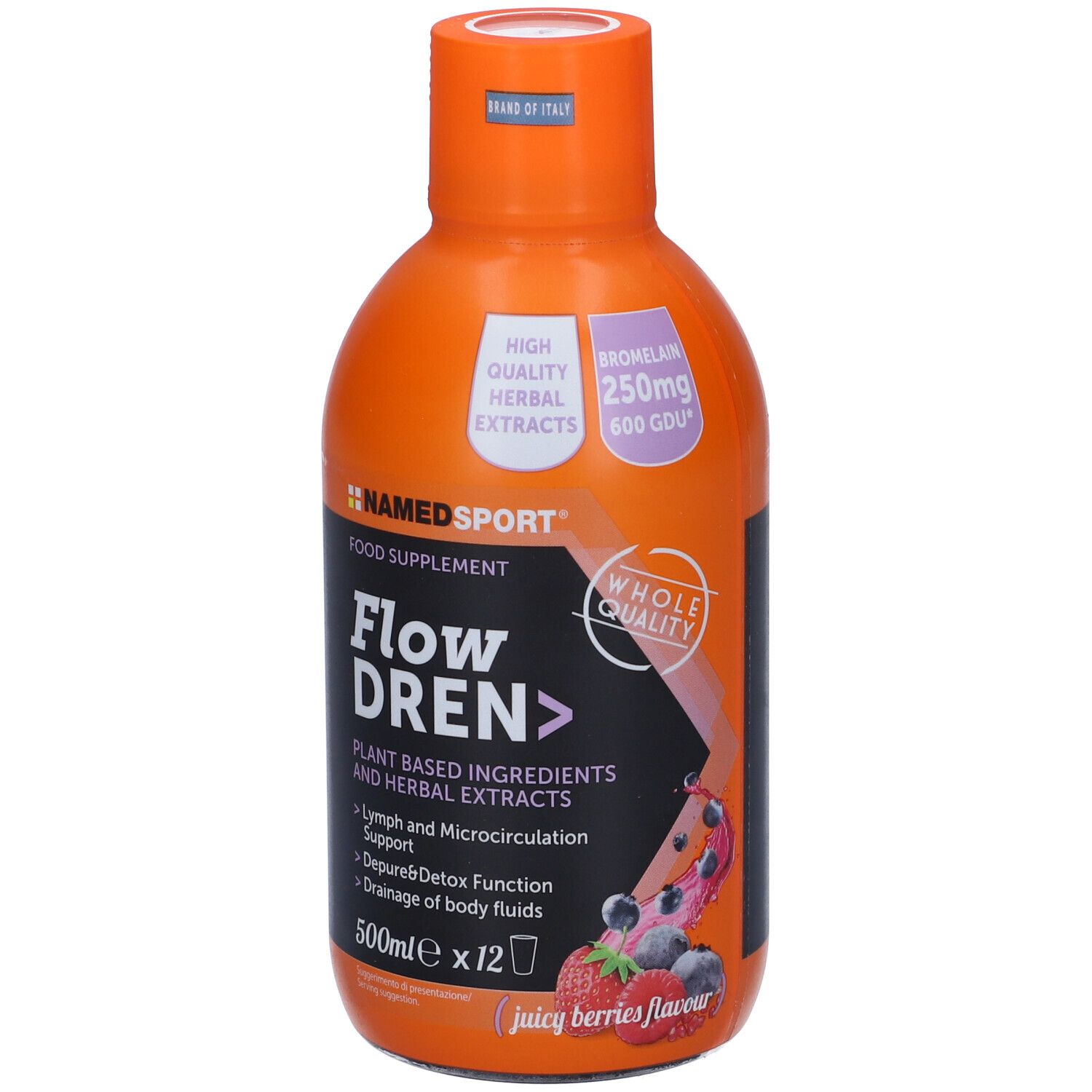 Bouteille orange NAMED SPORT Flow DREN. Étiquette avec informations et ingrédients. Saveur baies juteuses.