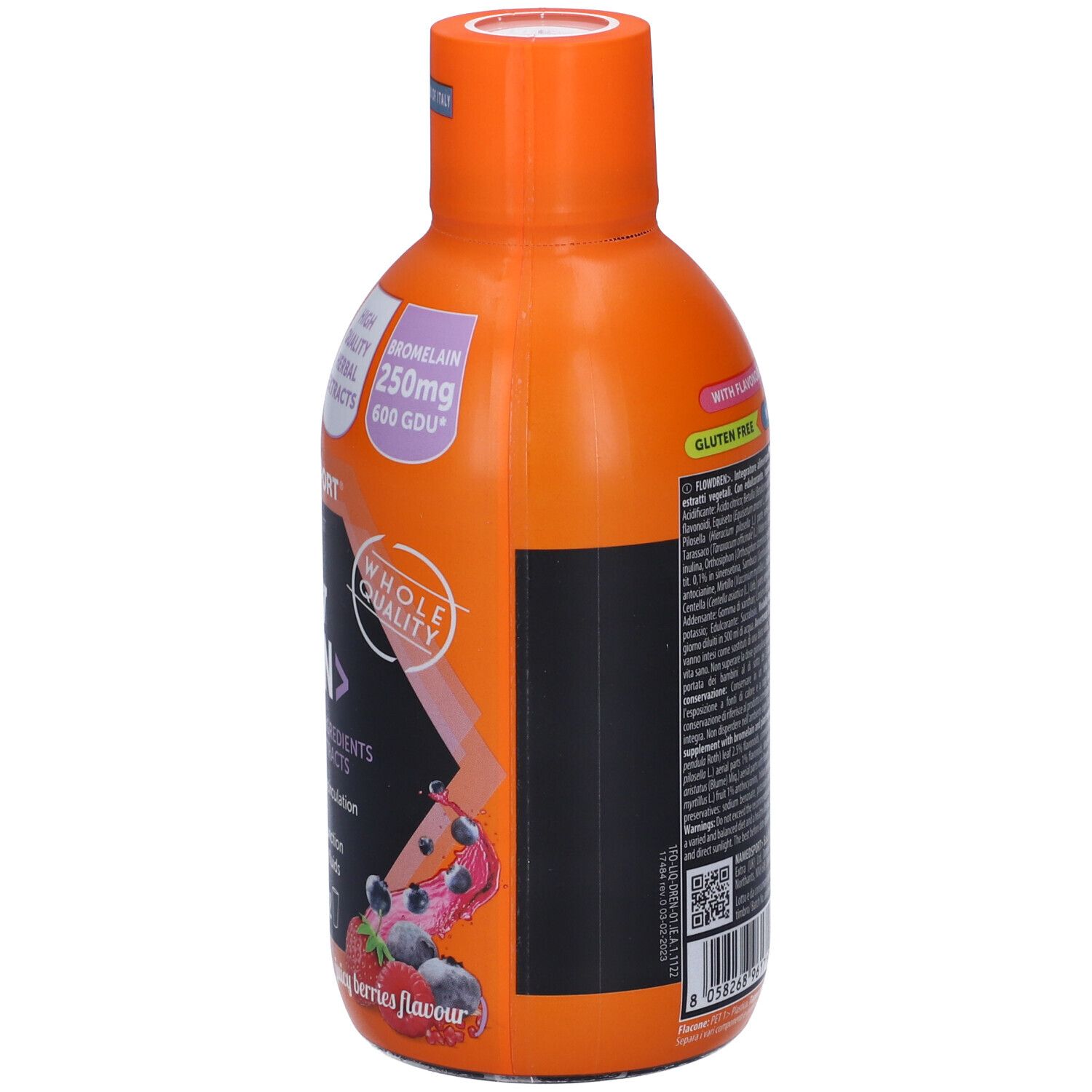 Bouteille orange NAMED SPORT Flow DREN. Étiquette avec informations et ingrédients. Saveur baies juteuses.