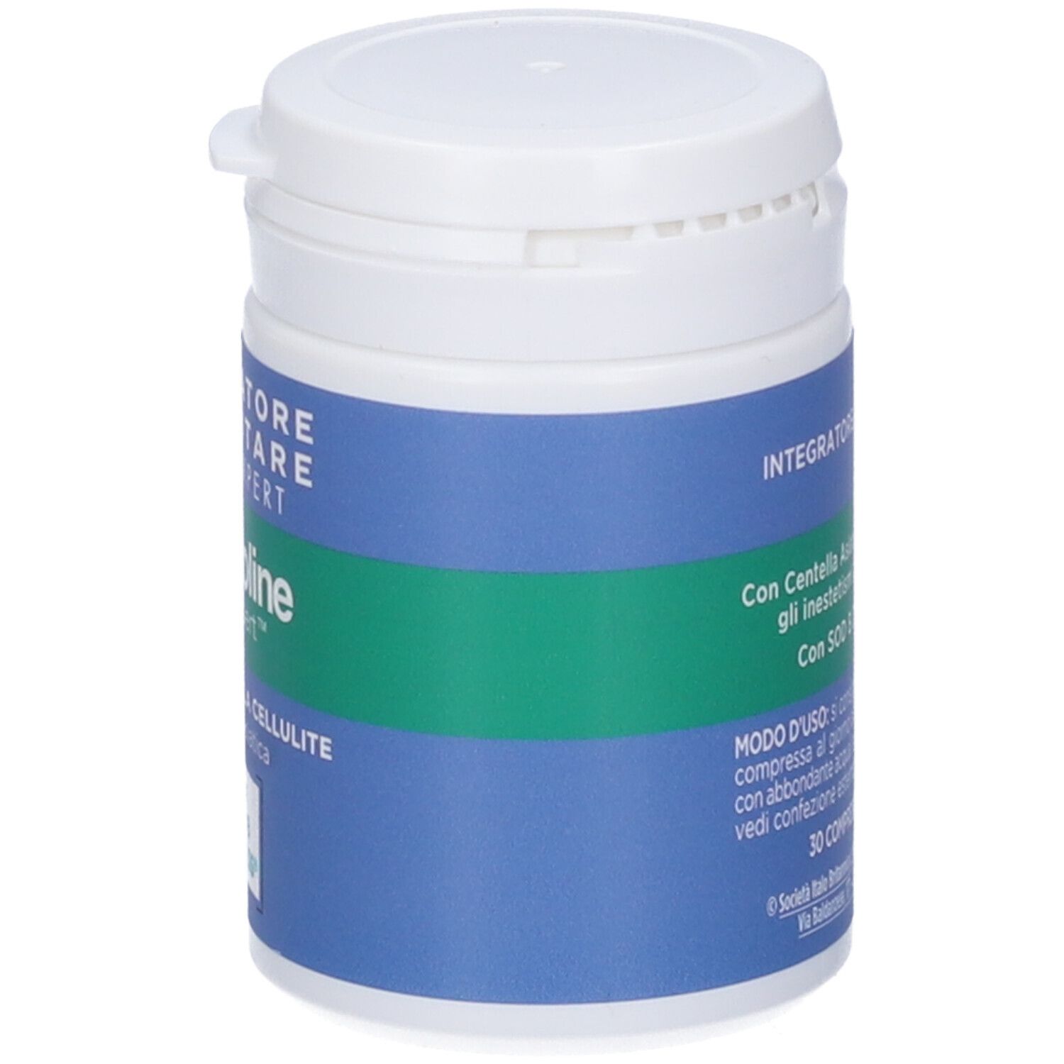 Flacon blanc avec étiquette bleue. Texte: Somatoline SkinExpert Cellu Expert Compresse. Bande verte.