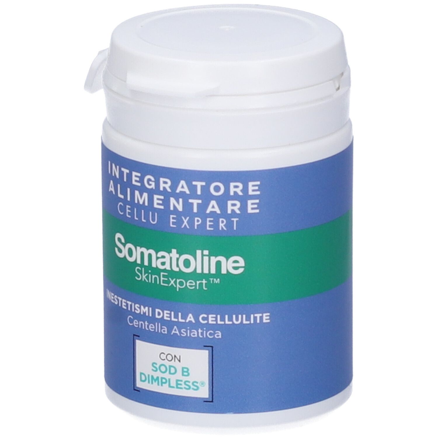 Flacon blanc avec étiquette bleue. Texte: Somatoline SkinExpert Cellu Expert Compresse. Bande verte.