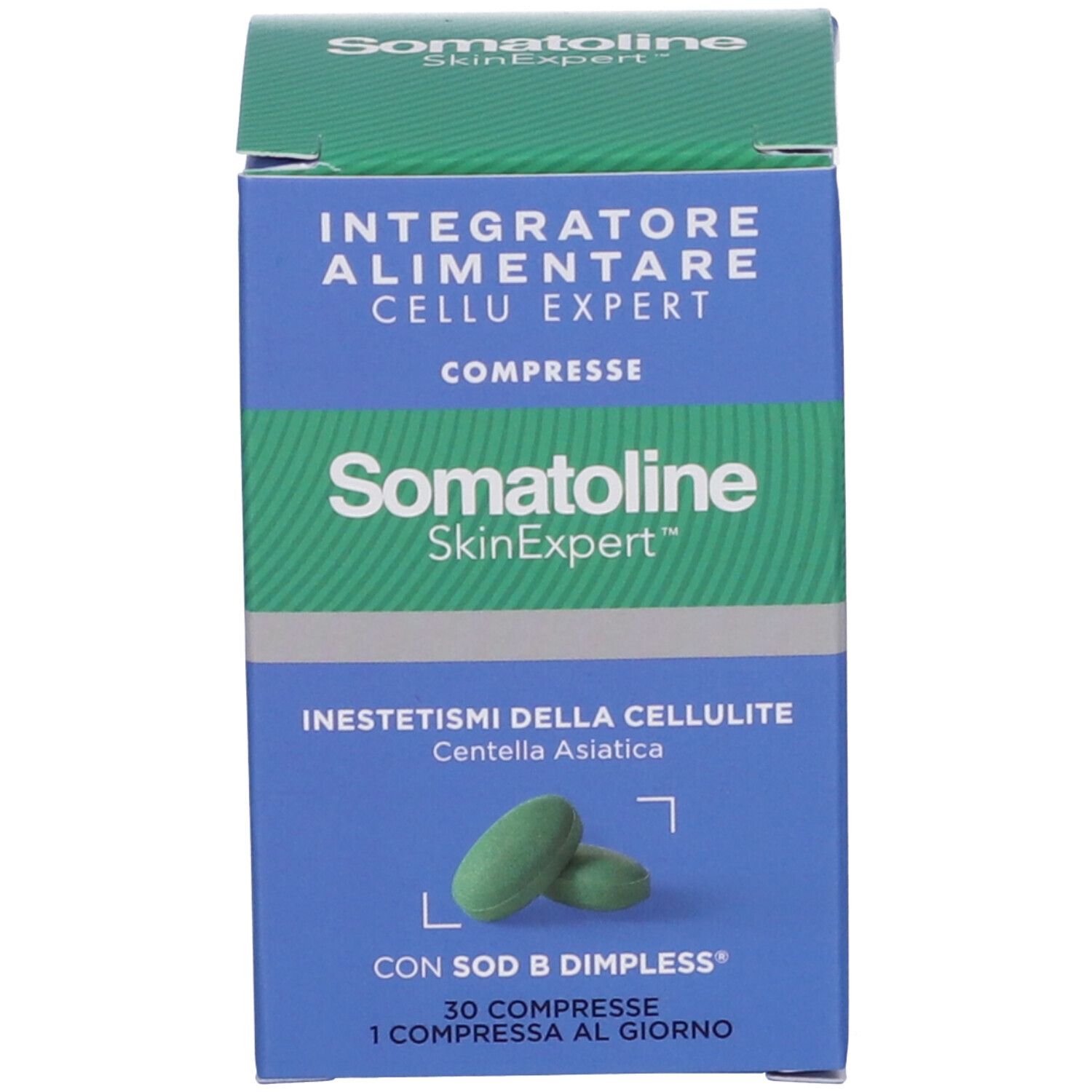 Emballage produit. Texte: Somatoline SkinExpert Cellu Expert Compresse. Comprimés verts illustrés.