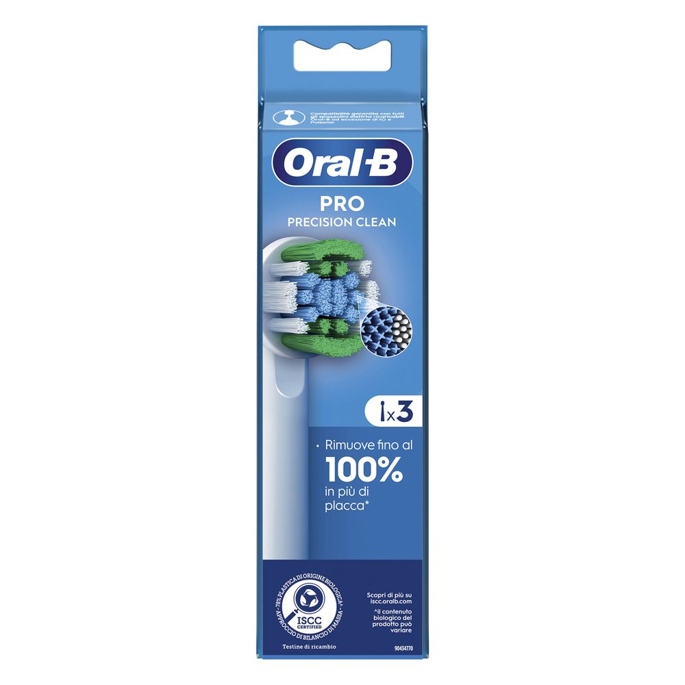 Tête de brosse à dents Oral-B Pro Precision Clean en emballage. 3 pièces. Soies bleues, vertes et blanches. Certification ISCC.