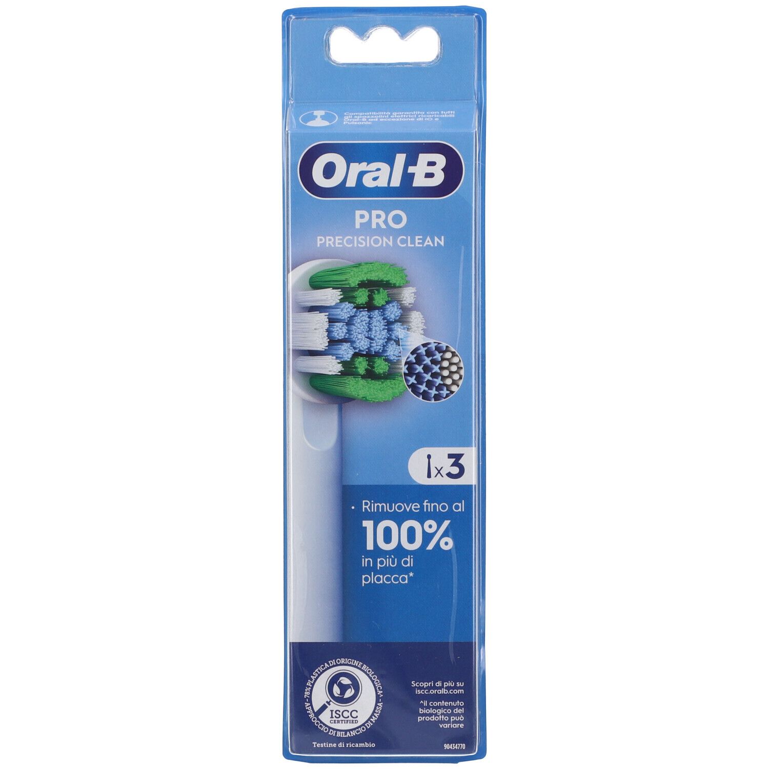 Tête de brosse à dents Oral-B Pro Precision Clean en emballage. 3 pièces. Soies bleues, vertes et blanches. Certification ISCC.
