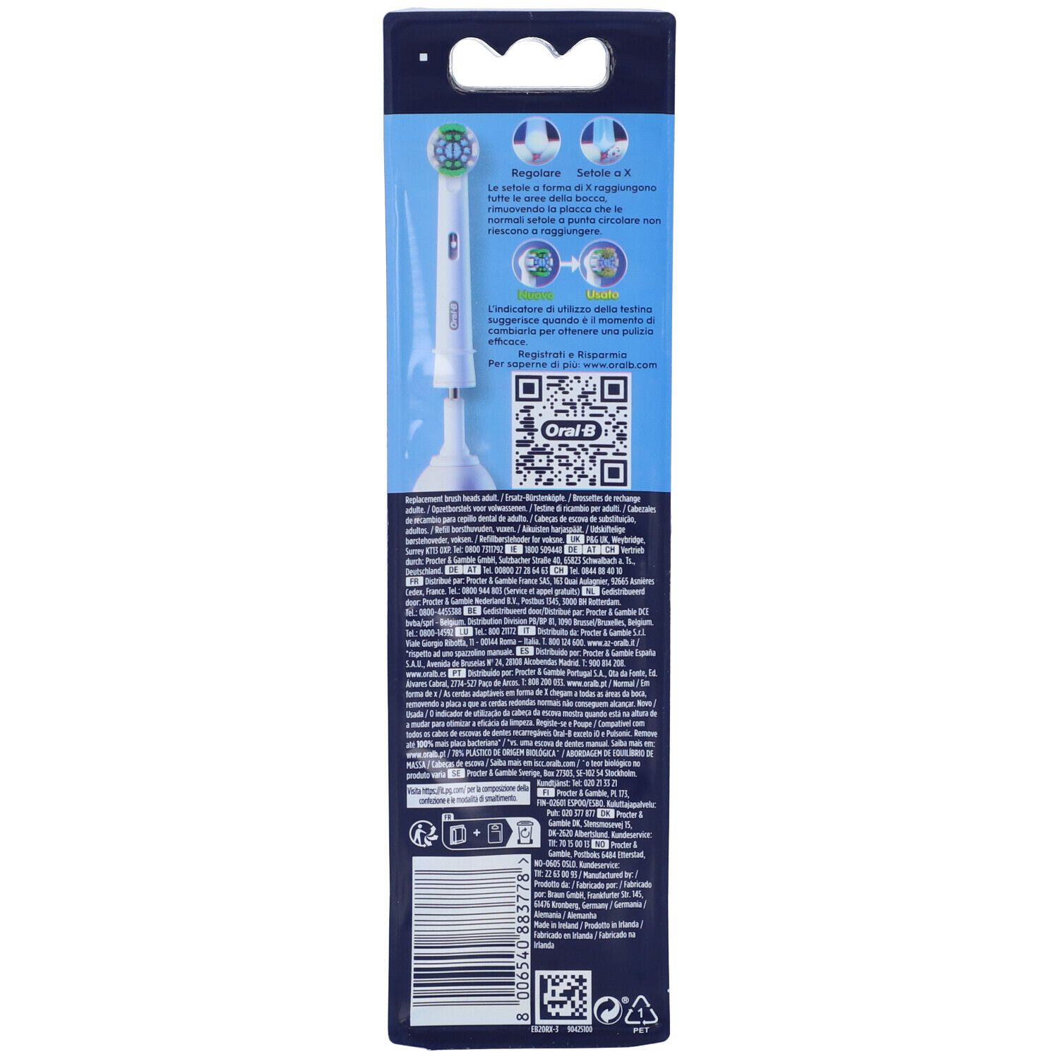 Dos de l'emballage. Oral-B Pro Precision Clean. Informations produit, code QR, certifications et symboles de recyclage.