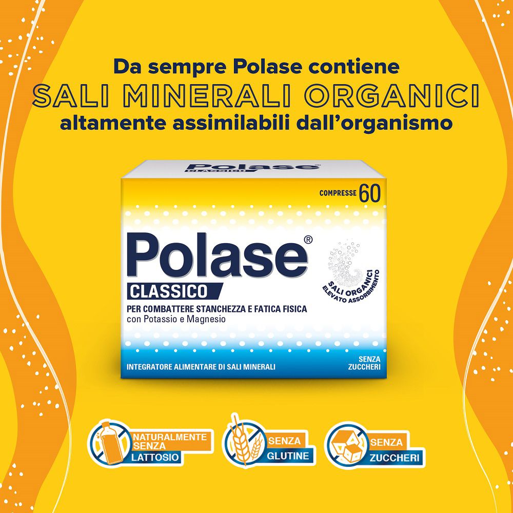 Weiße Schachtel "Polase Classico" mit 60 Tabletten. Text: "Organische Mineralsalze". Frei von Laktose, Gluten und Zucker.