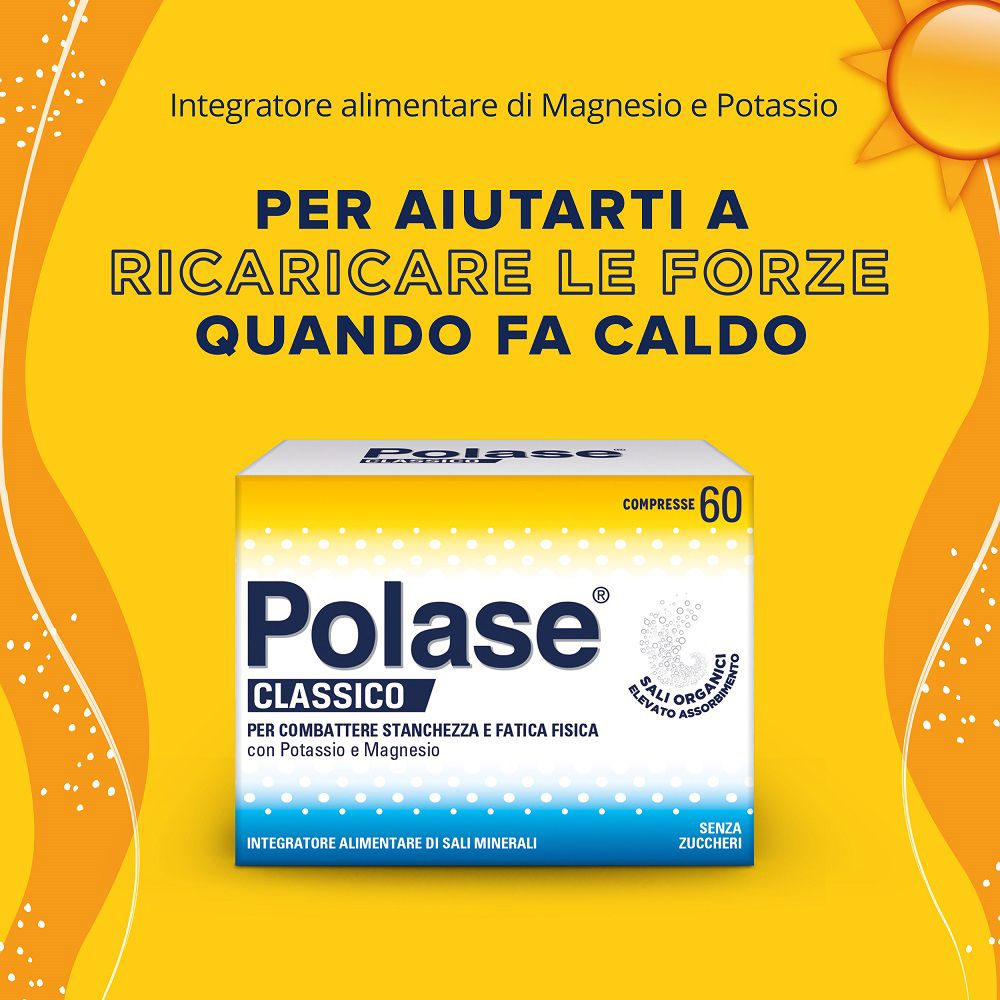 Gelber Hintergrund mit "Polase Classico"-Box. Text: "Magnesium und Kalium". "Um Ihnen zu helfen, neue Energie zu tanken".
