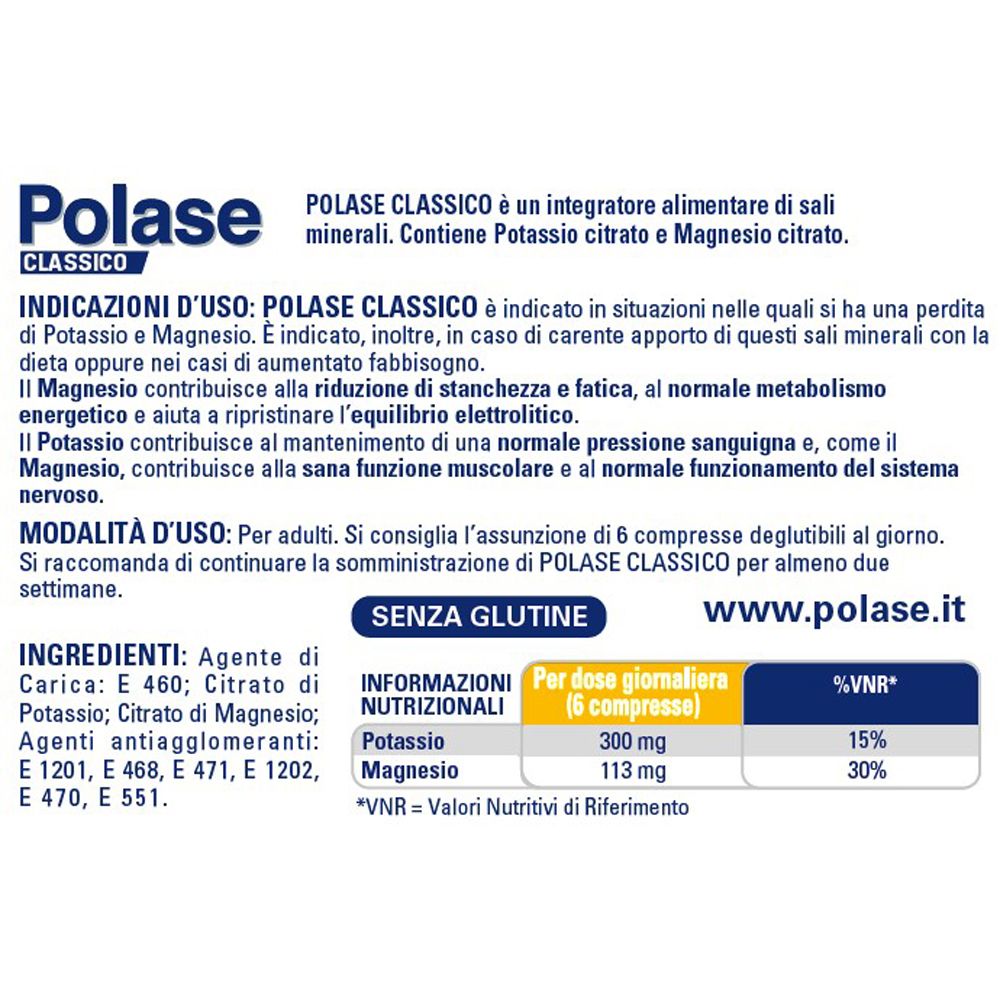 Textseite mit Informationen zu "Polase Classico". Enthält Inhaltsstoffe, Nährwertangaben und Dosierung.