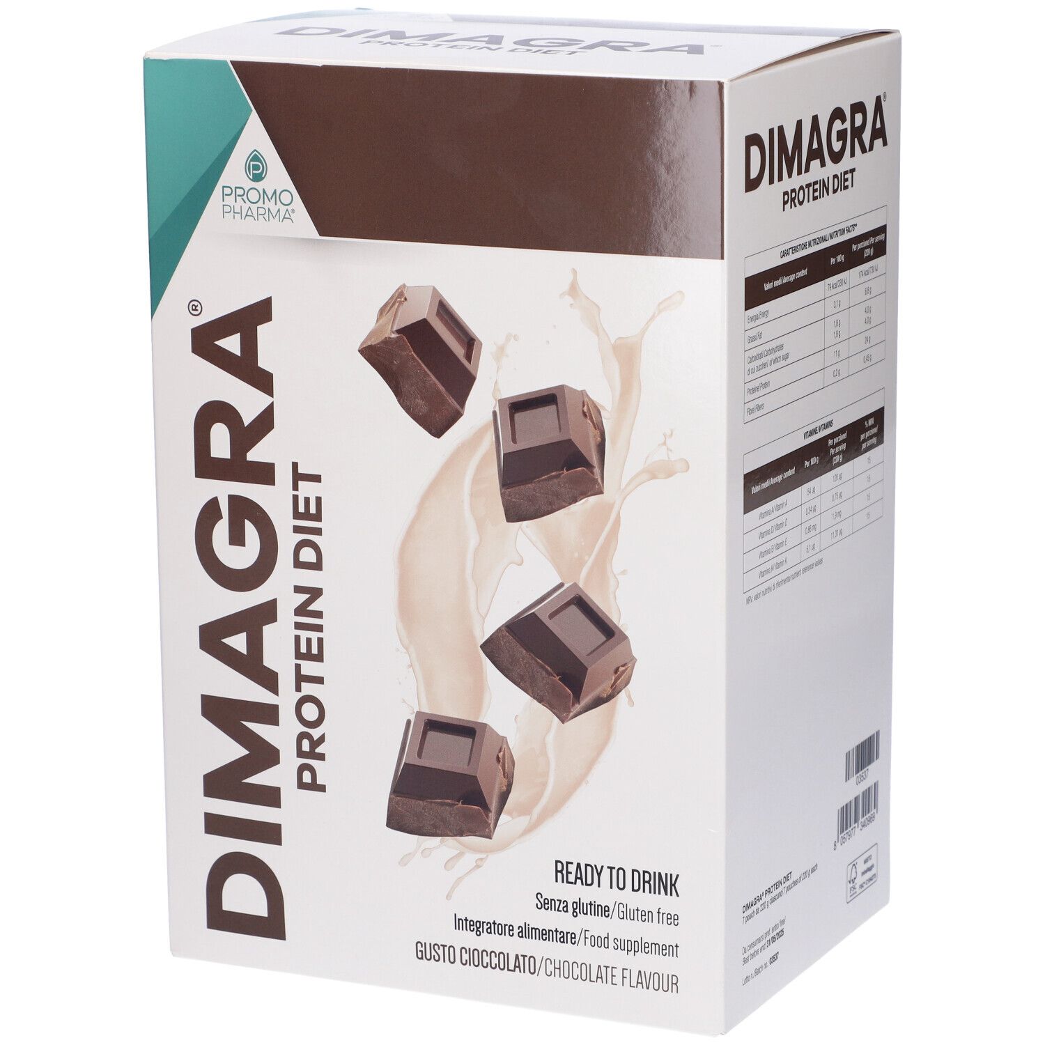 Boîte de Dimagra Protein Diet Cioccolato. Morceaux de chocolat et éclaboussures de lait sur le devant.