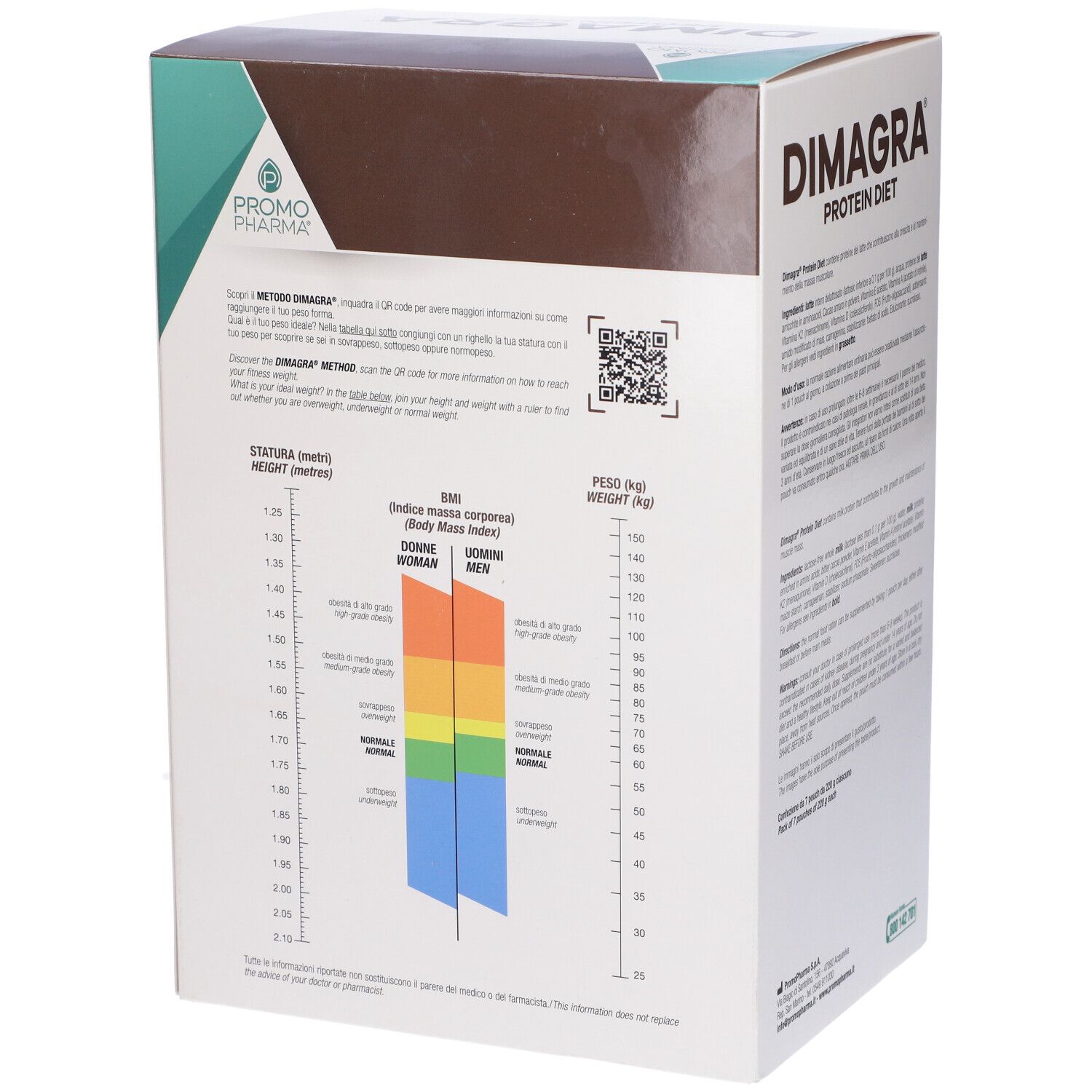 Boîte de Dimagra Protein Diet. Diagramme de calcul de l'IMC au dos.