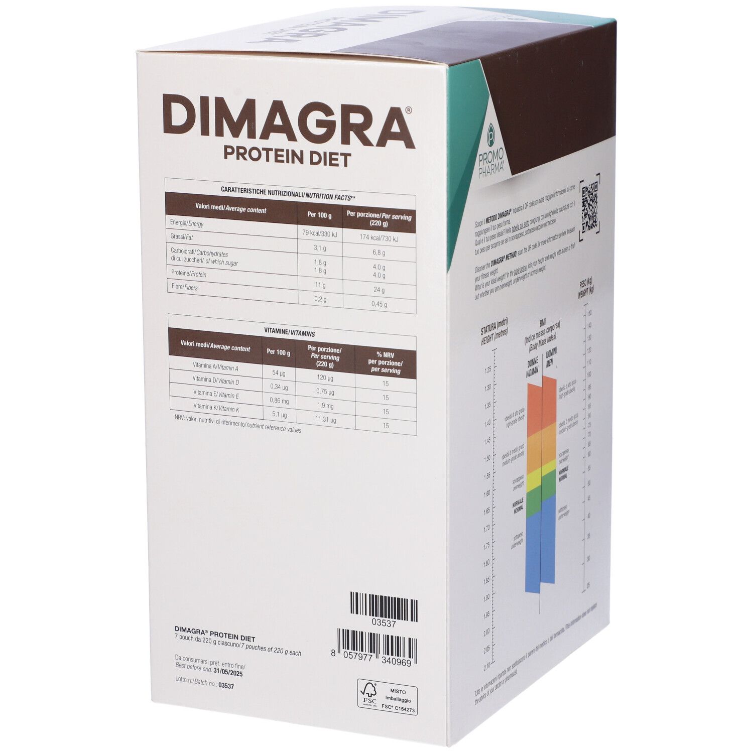 Boîte de Dimagra Protein Diet. Tableau nutritionnel et informations vitaminiques au dos.