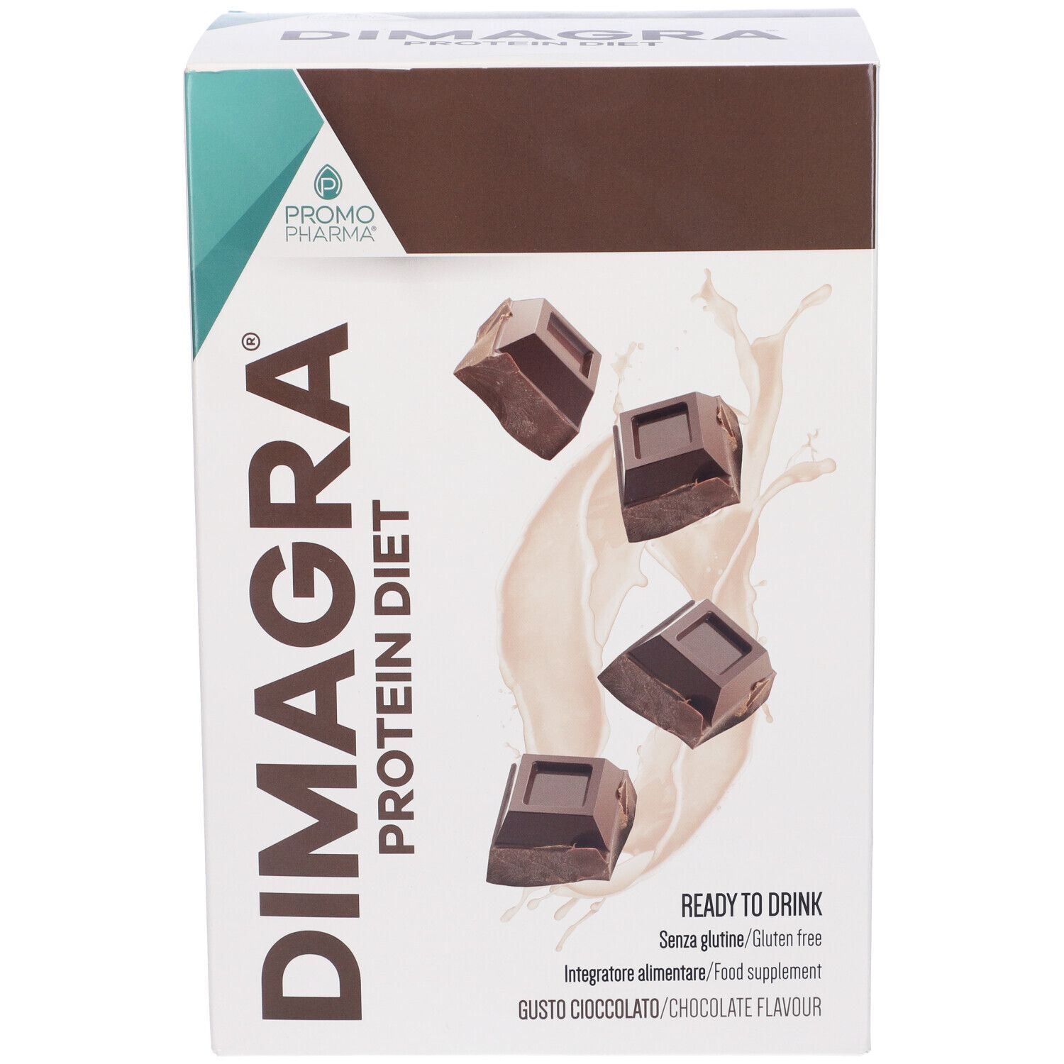 Boîte de Dimagra Protein Diet Cioccolato. Morceaux de chocolat et éclaboussures de lait sur le devant.