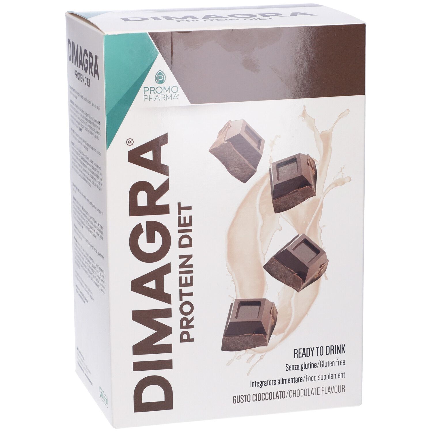 Boîte de Dimagra Protein Diet Cioccolato. Morceaux de chocolat et éclaboussures de lait sur le devant.
