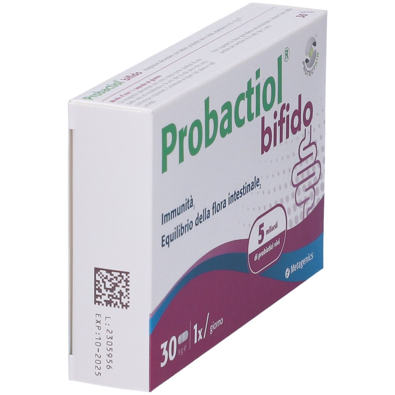 Schachtel METAGENICS Probactiol bifido. Seitenansicht. Enthält 30 Kapseln. Aufschrift: 5 Milliarden lebende Probiotika.