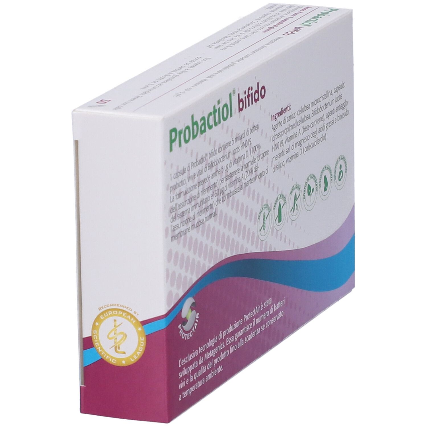 METAGENICS Probactiol bifido Schachtel. Seitenansicht mit Inhaltsstoffen und Zertifizierungen. Enthält 30 Kapseln.