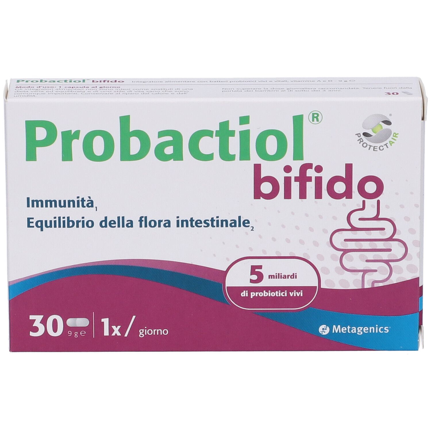 METAGENICS Probactiol bifido Schachtel. Enthält 30 Kapseln. Aufschrift: 5 Milliarden lebende Probiotika.
