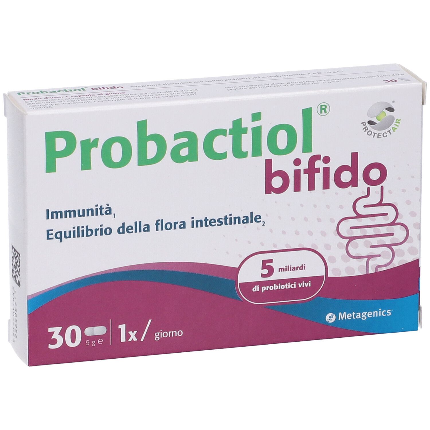 METAGENICS Probactiol bifido Schachtel. Enthält 30 Kapseln. Aufschrift: 5 Milliarden lebende Probiotika.