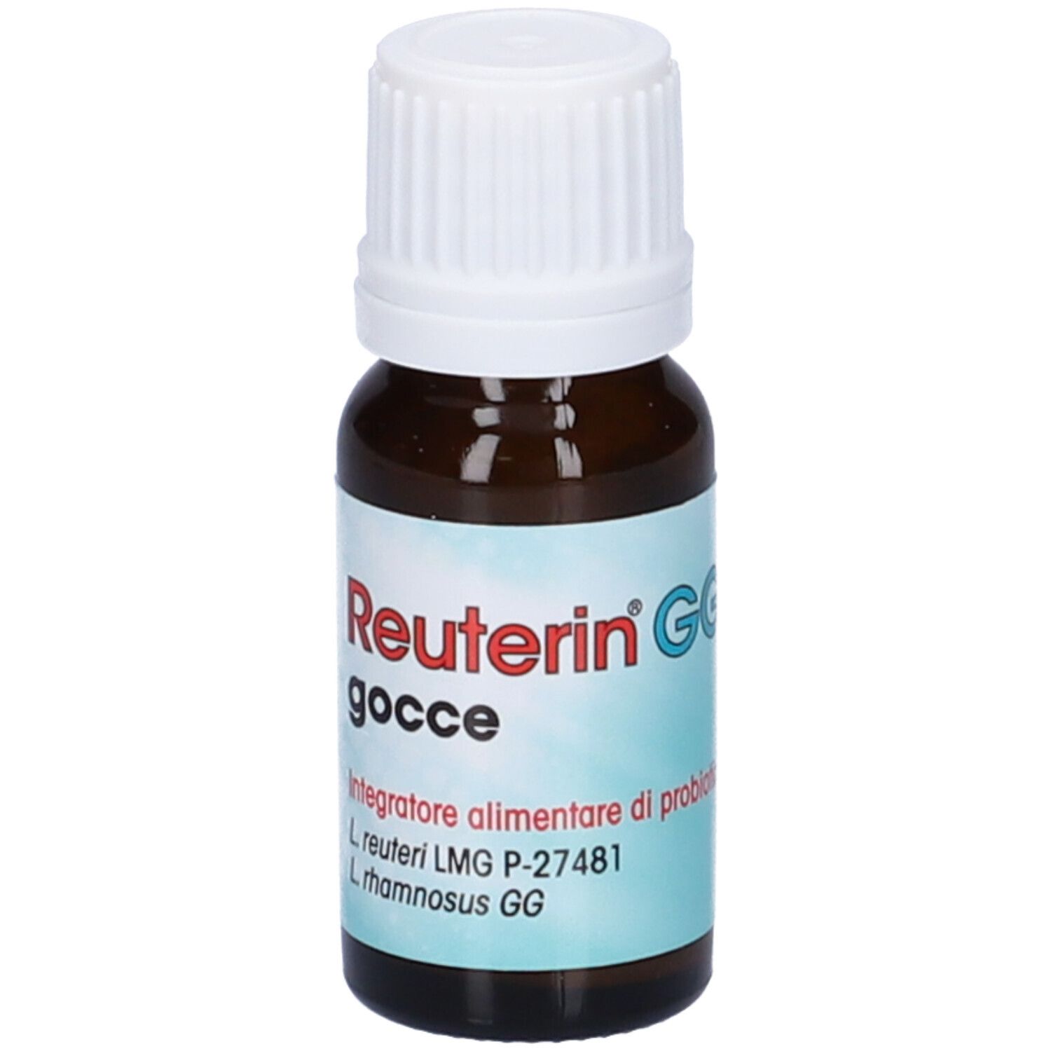Braune Glasflasche mit weißem Deckel. Aufschrift: Reuterin GG gocce. Etikett mit weiteren Informationen.