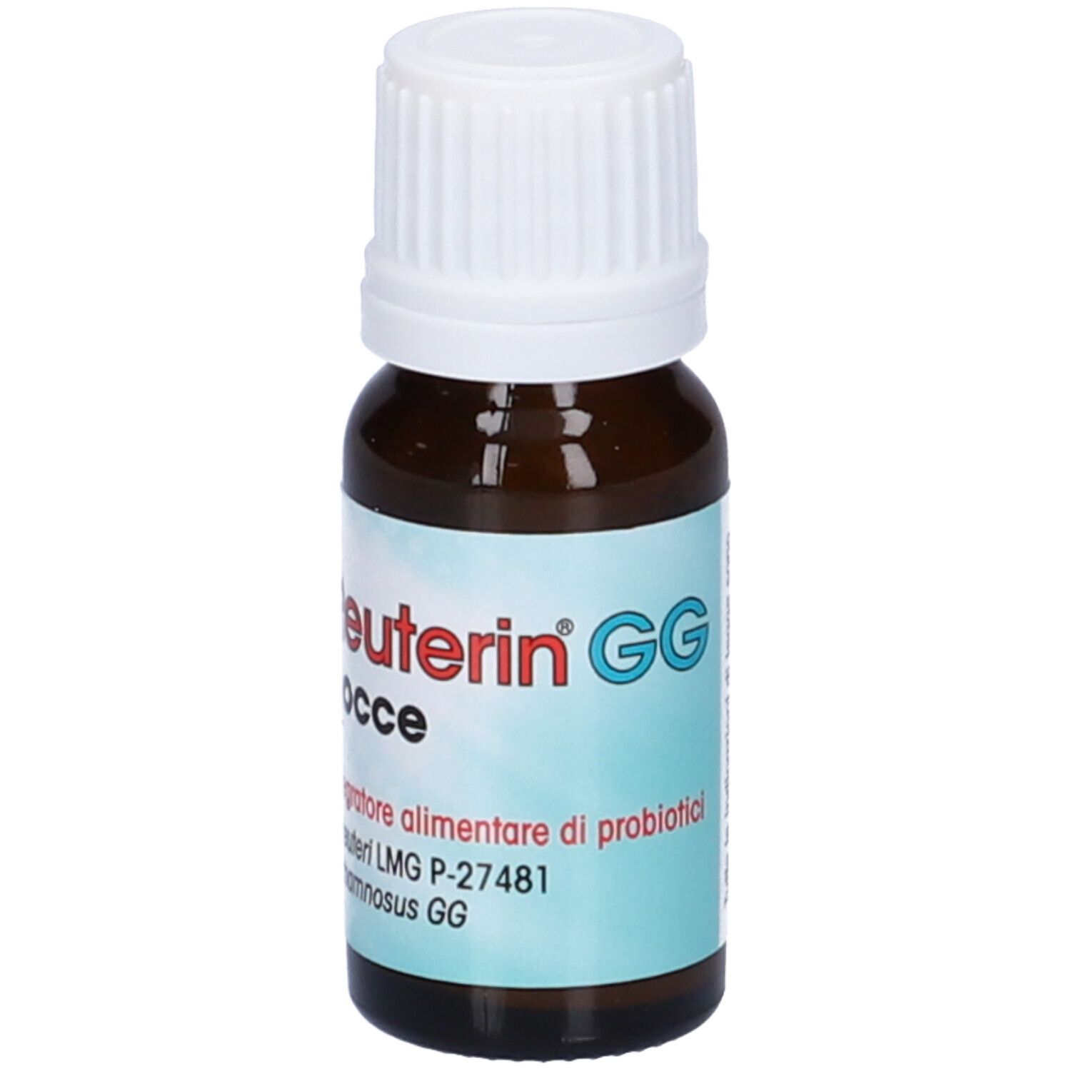 Braune Glasflasche mit weißem Deckel. Aufschrift: Reuterin GG gocce. Etikett mit weiteren Informationen.