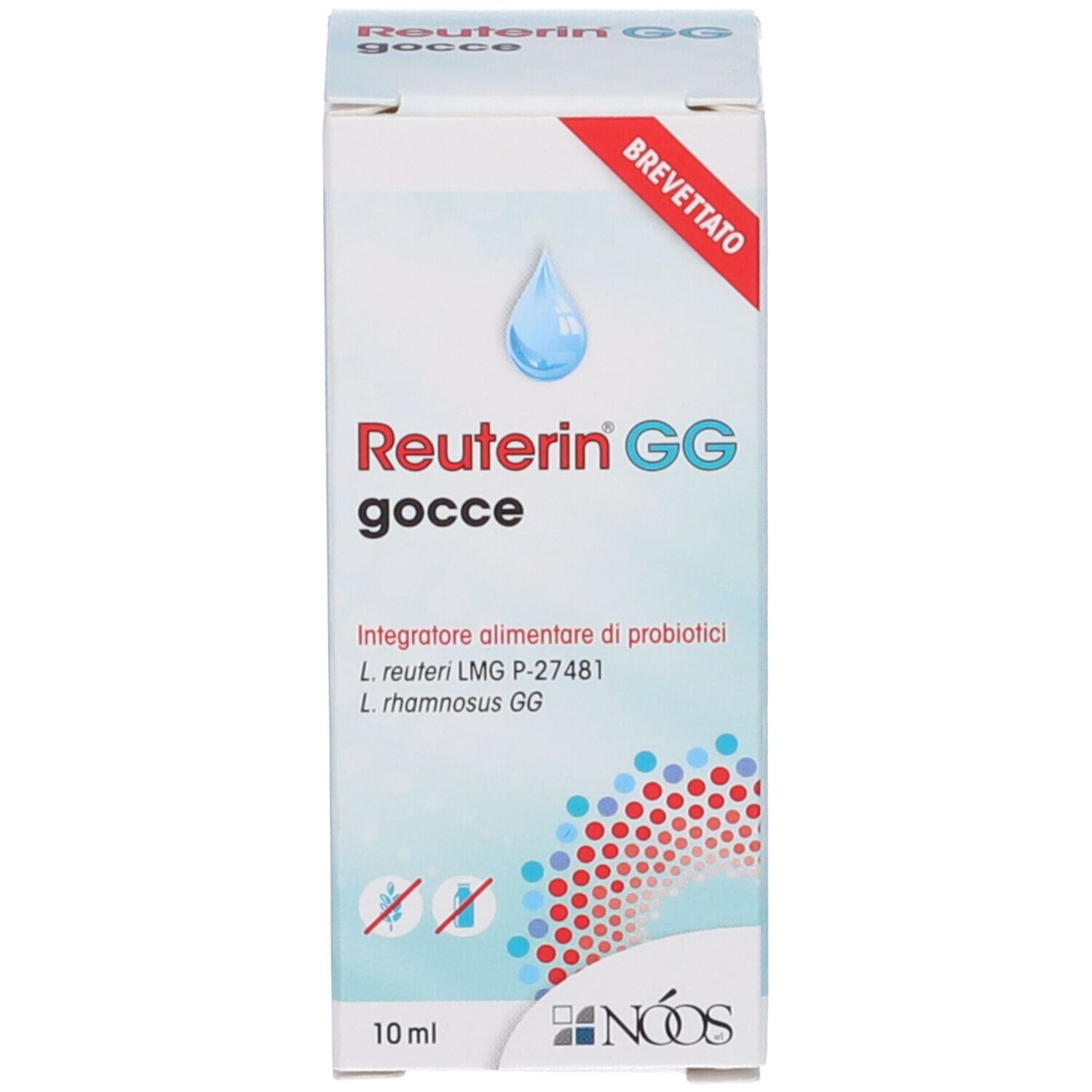 Produktverpackung. Weiß, blau. Aufschrift: Reuterin GG gocce, Logo, 10 ml. Mit Zertifizierungszeichen.