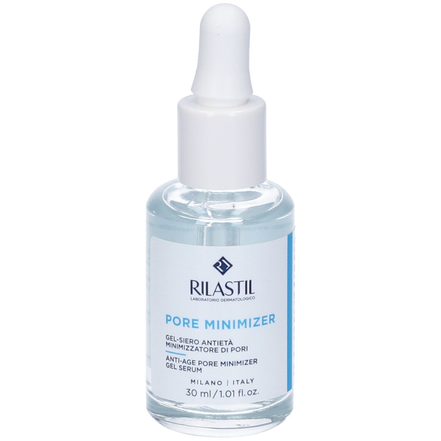 Flacon en verre transparent avec bouchon blanc et pipette. Étiquettes bleues avec texte. Nom du produit : Pore Minimizer.