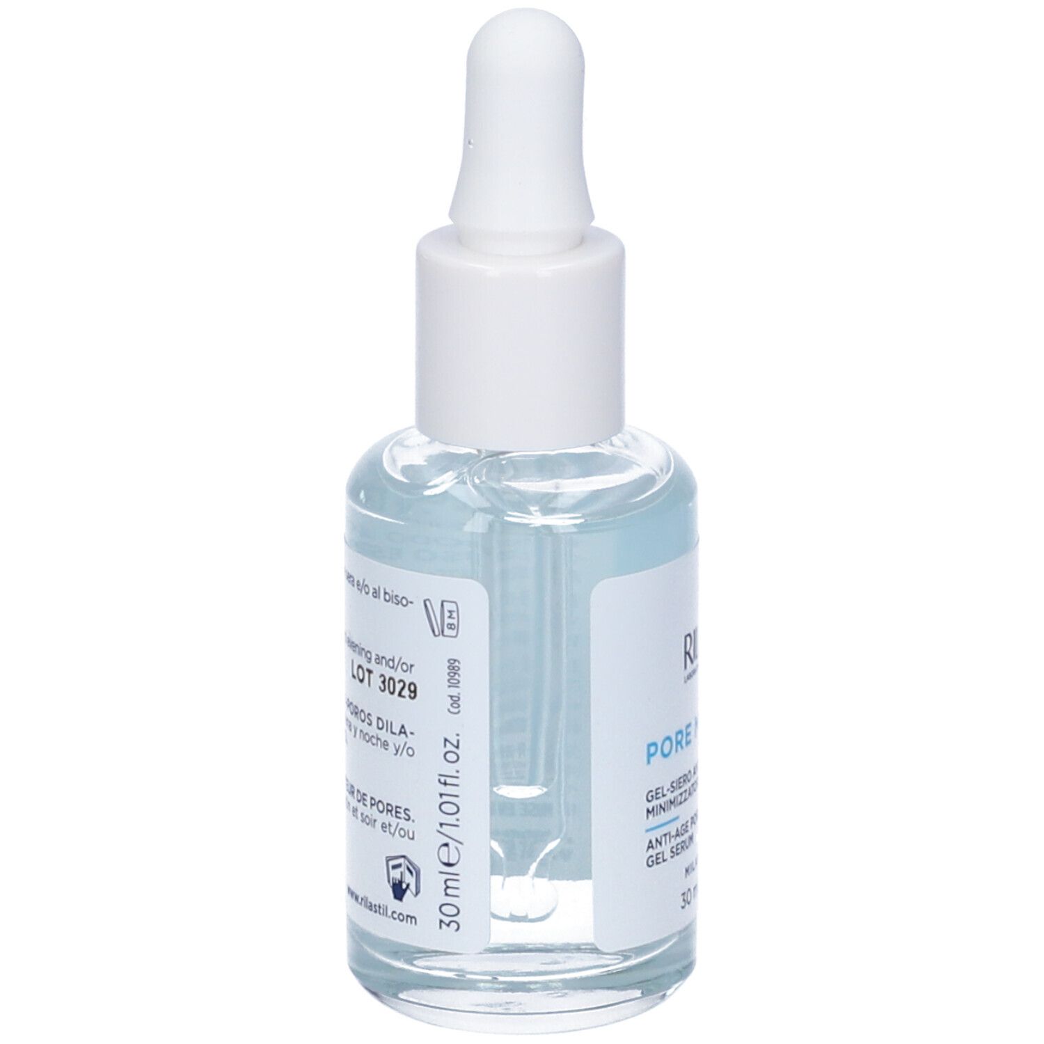 Vue arrière d'un flacon en verre transparent avec bouchon blanc et pipette. Étiquettes bleues avec texte.