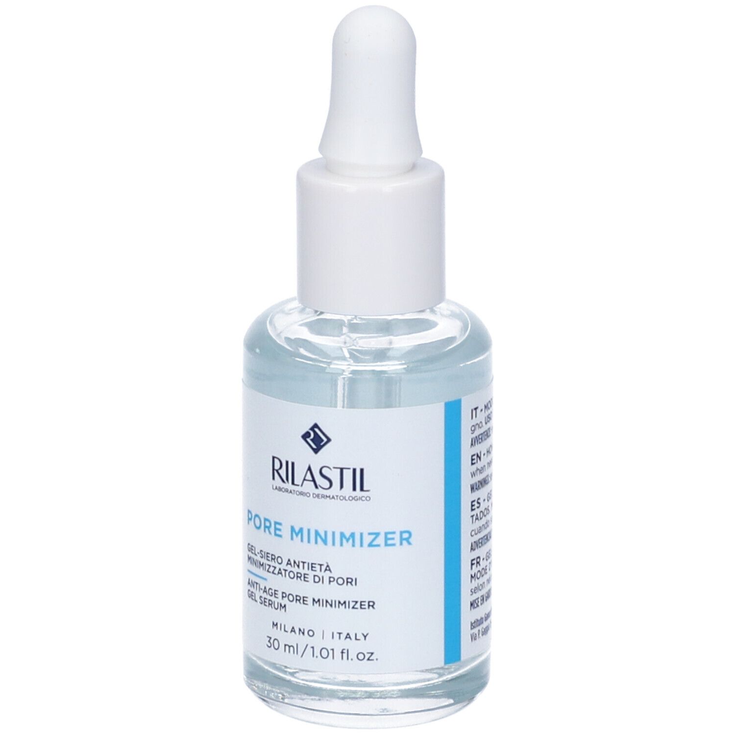 Flacon en verre transparent avec bouchon blanc et pipette. Étiquettes bleues avec texte. Nom du produit : Pore Minimizer.