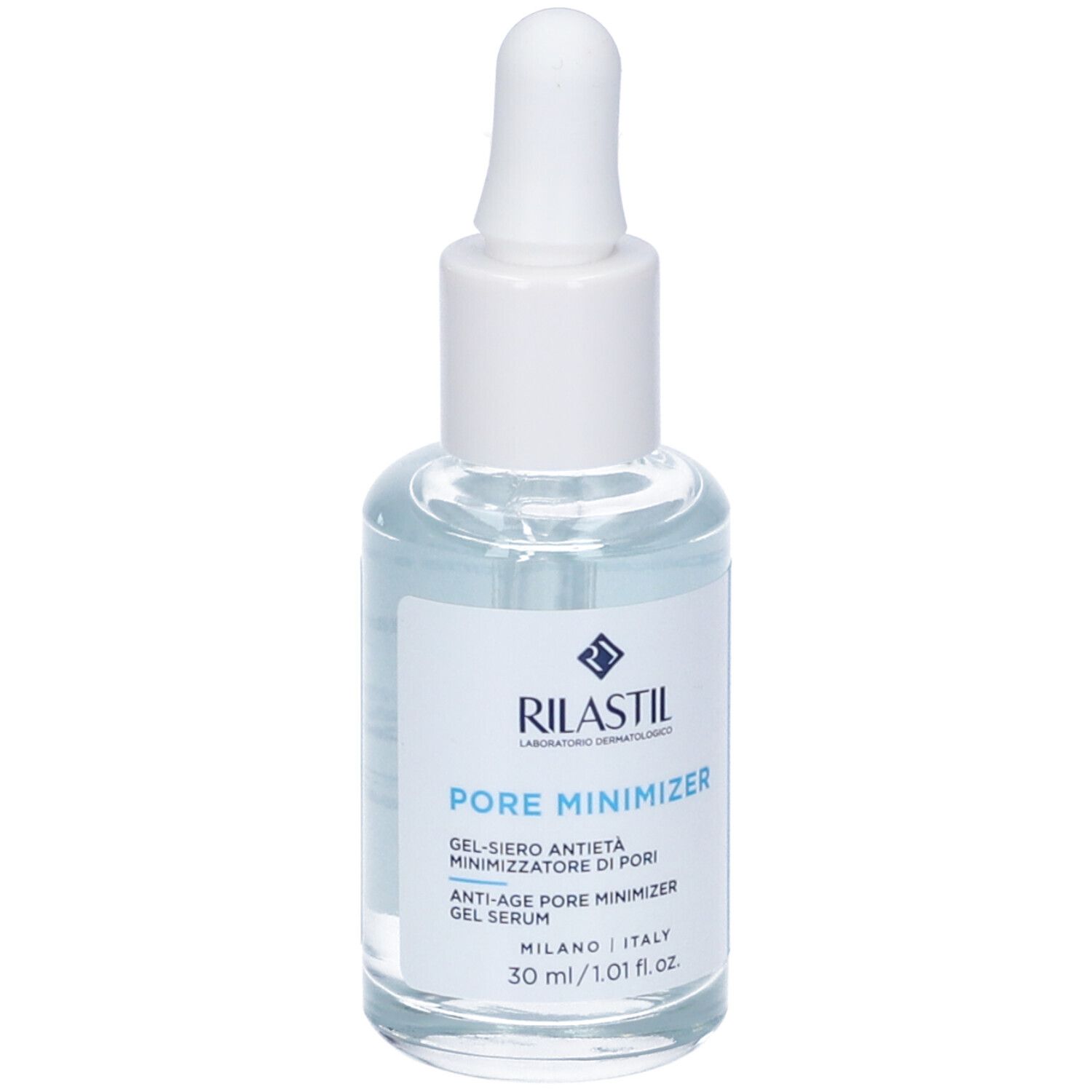 Flacon en verre transparent avec bouchon blanc et pipette. Étiquettes bleues avec texte. Nom du produit : Pore Minimizer.