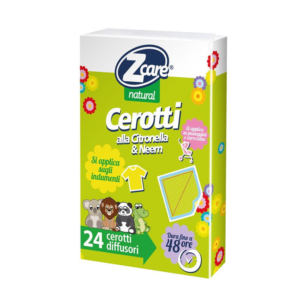 Verpackung mit Z Care Cerotti. Grün, mit Produktnamen und Illustrationen. 24 Stück.
