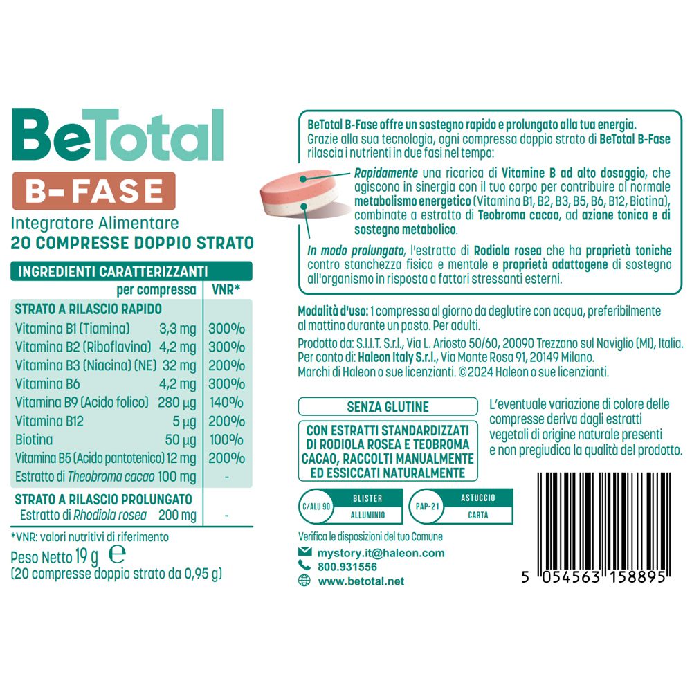 Be-Total B-FASE-Packung. 20 Tabletten, doppelschichtig. Inhaltsstoffe und Nährwertangaben. Marke: Haleon.