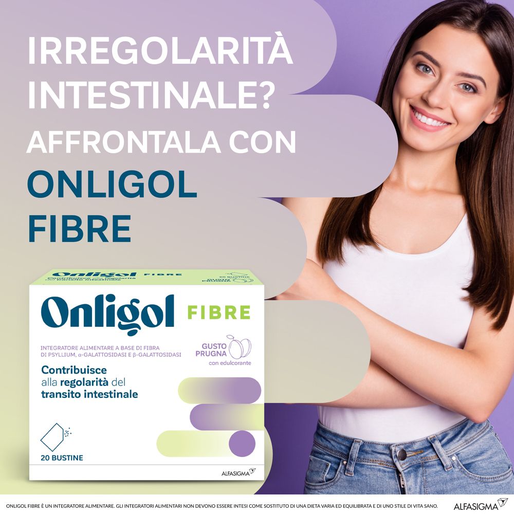 Werbebild mit einer Frau und einer Produktverpackung. Auf der Verpackung steht Onligol Fibre.