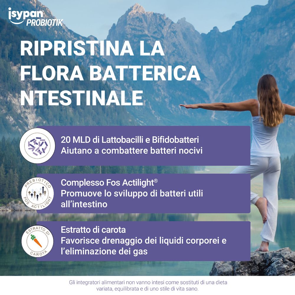 Werbebild mit Text: Stellt die Darmflora wieder her. 20 Mrd. Laktobazillen und Bifidobakterien. Karottenextrakt.