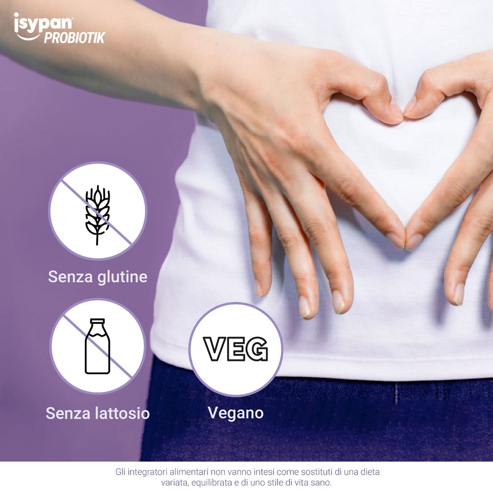 Bauch mit Symbolen: Glutenfrei, laktosefrei, vegan. Isypan Probiotik.