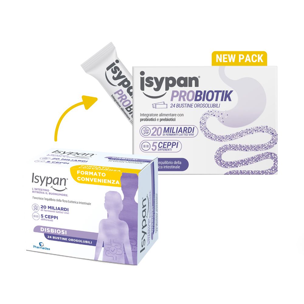 Isypan Probiotik Packung und Beutel. Zeigt die Verpackung und einen einzelnen Beutel. 24 Beutel, 20 Milliarden Bakterien, 5 Stämme.